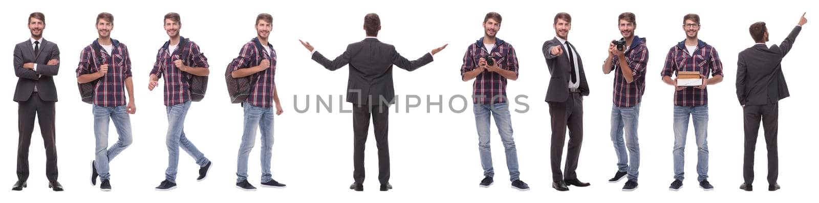 panoramic collage of self-motivated young man .isolated on white background