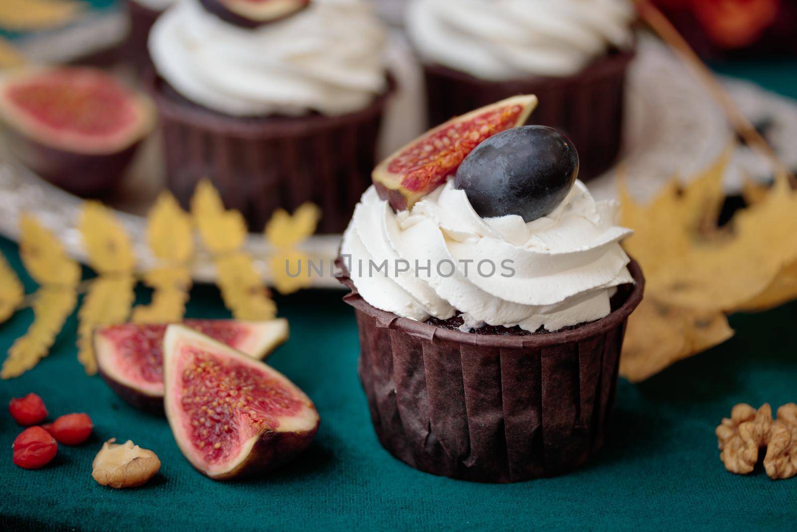 Autumn sweet dessert decorated on a table in the park