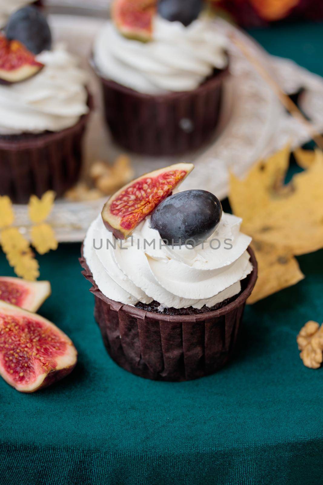 Autumn sweet dessert decorated on a table in the park