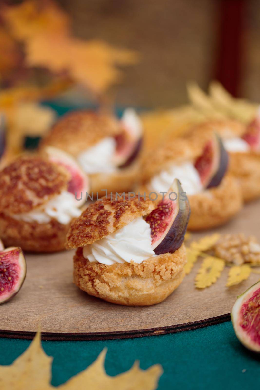Autumn sweet dessert decorated on a table in the park