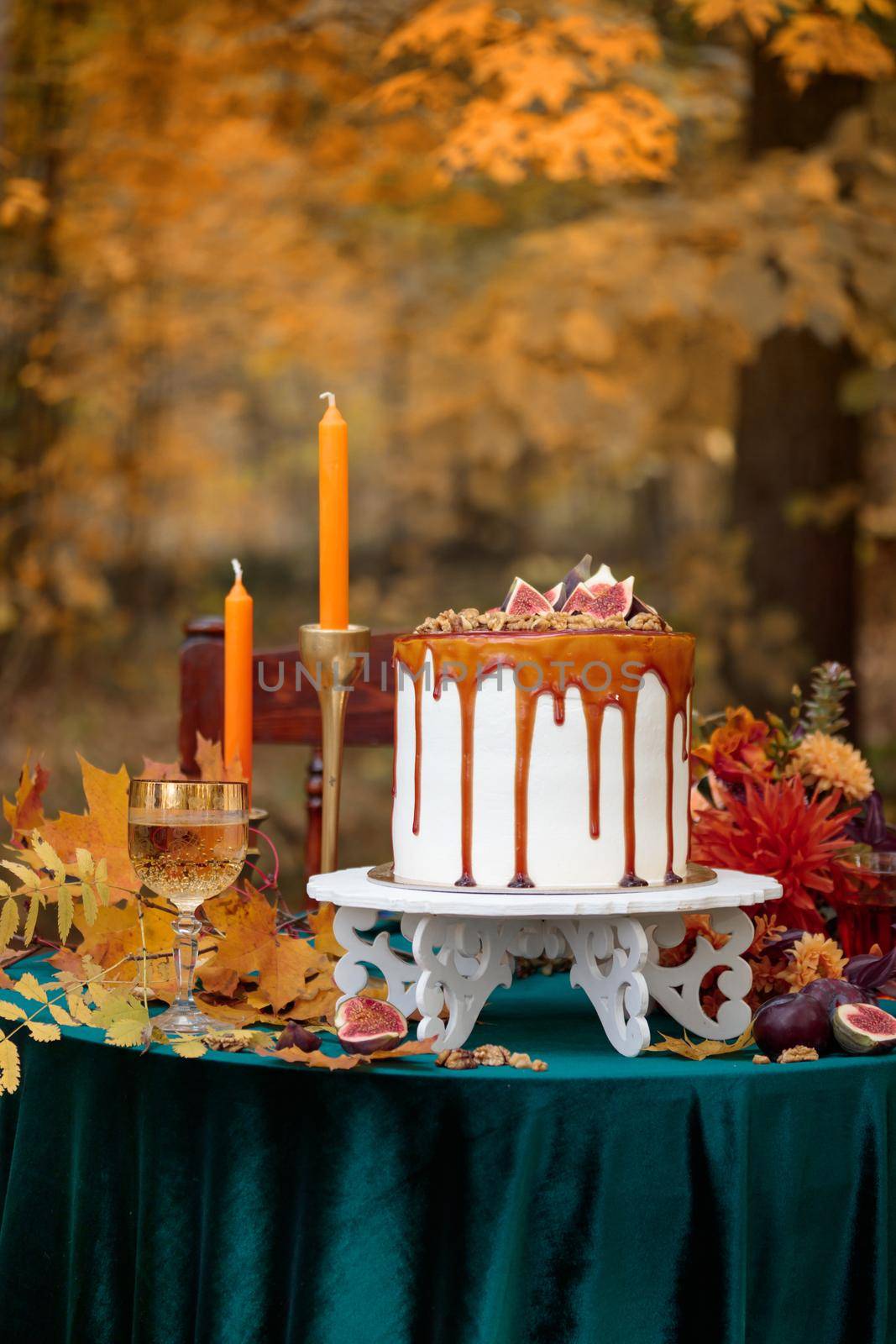 Autumn sweet dessert decorated on a table in the park