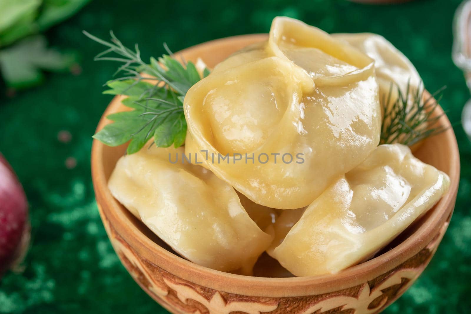 Oriental national traditional dumplings Manty horizontal