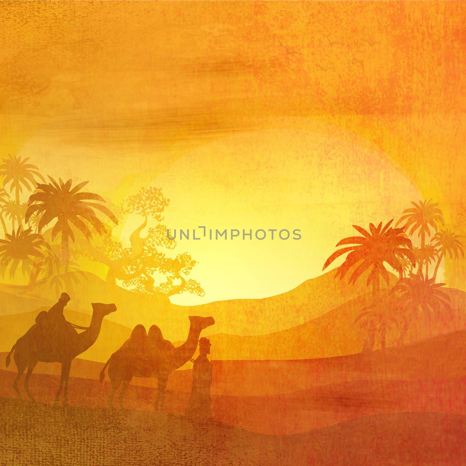Bedouin camel caravan in wild africa landscape - artistic grunge illustration by JackyBrown