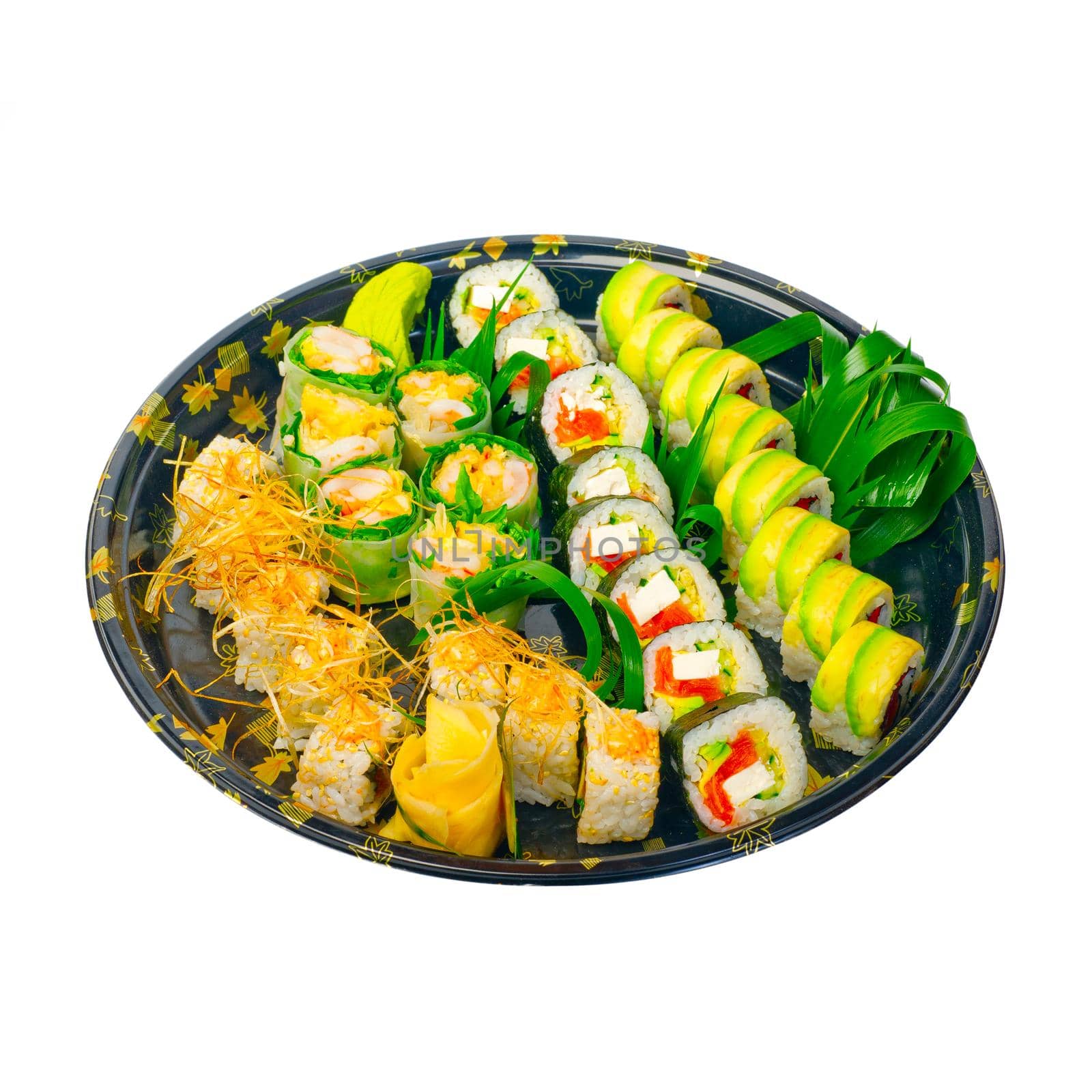 take away selection of fresh sushi express on plastic tray 