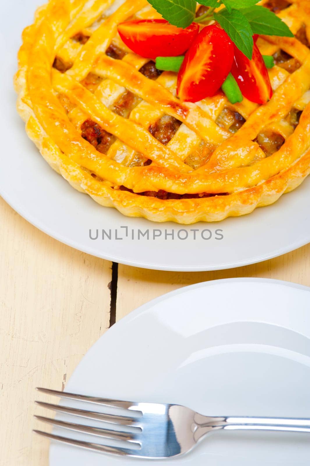 fresh baked home made beef pie macro closeup