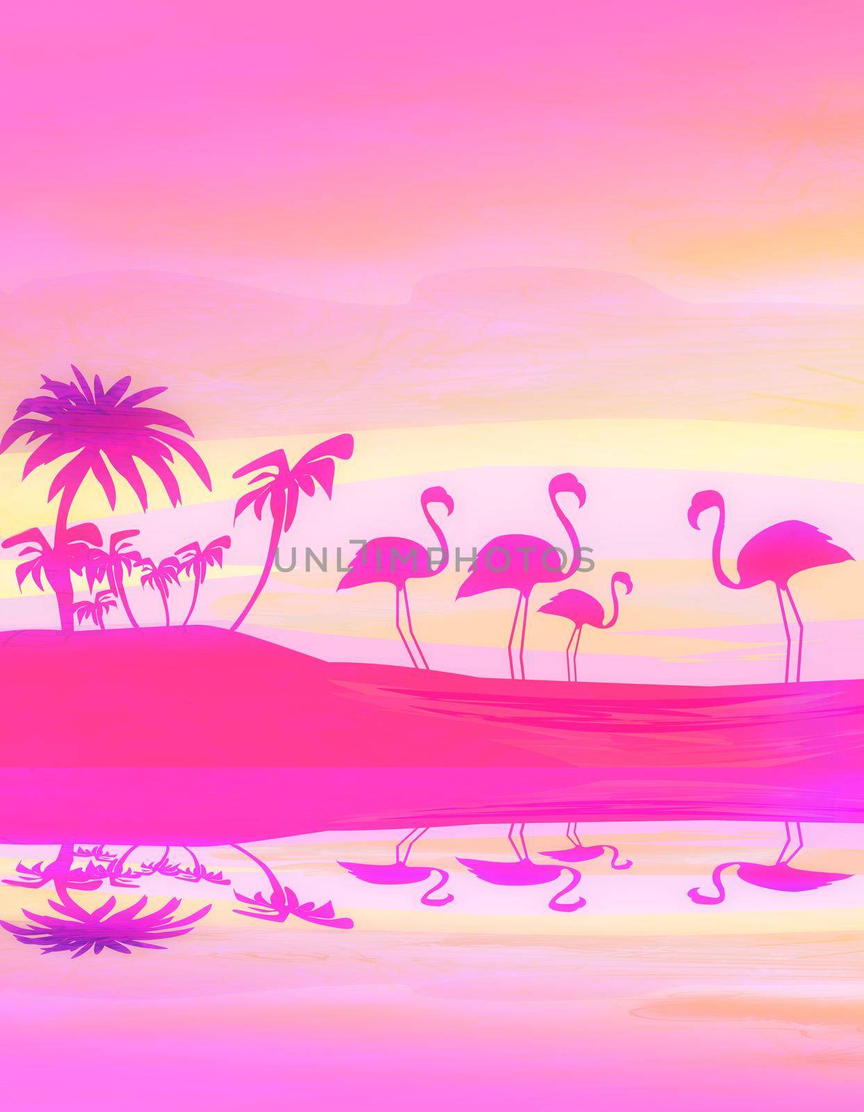 flamingos in wild nature landscape during sunset, silhouette illustration