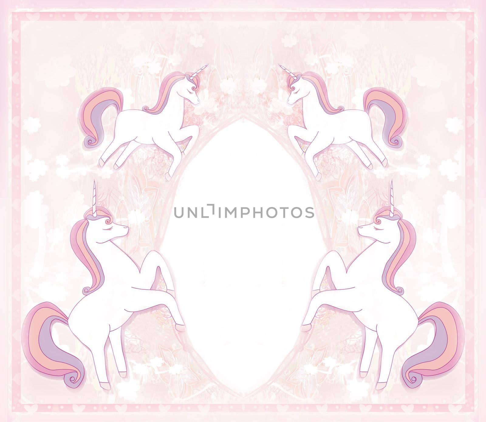 decorative frame with cute unicorns on a beautiful artistic pink floral background by JackyBrown