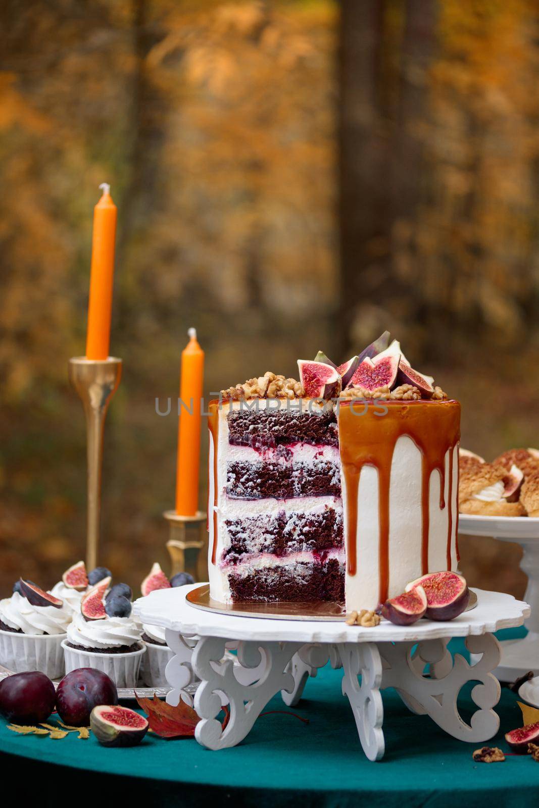 Autumn sweet dessert decorated on a table in the park