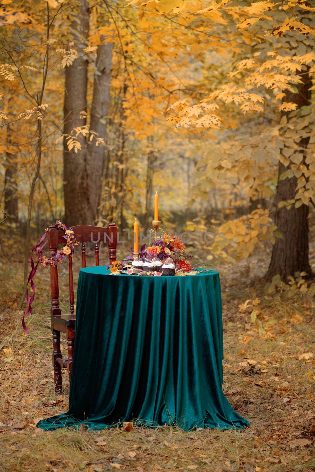 Autumn sweet dessert decorated on a table in the park