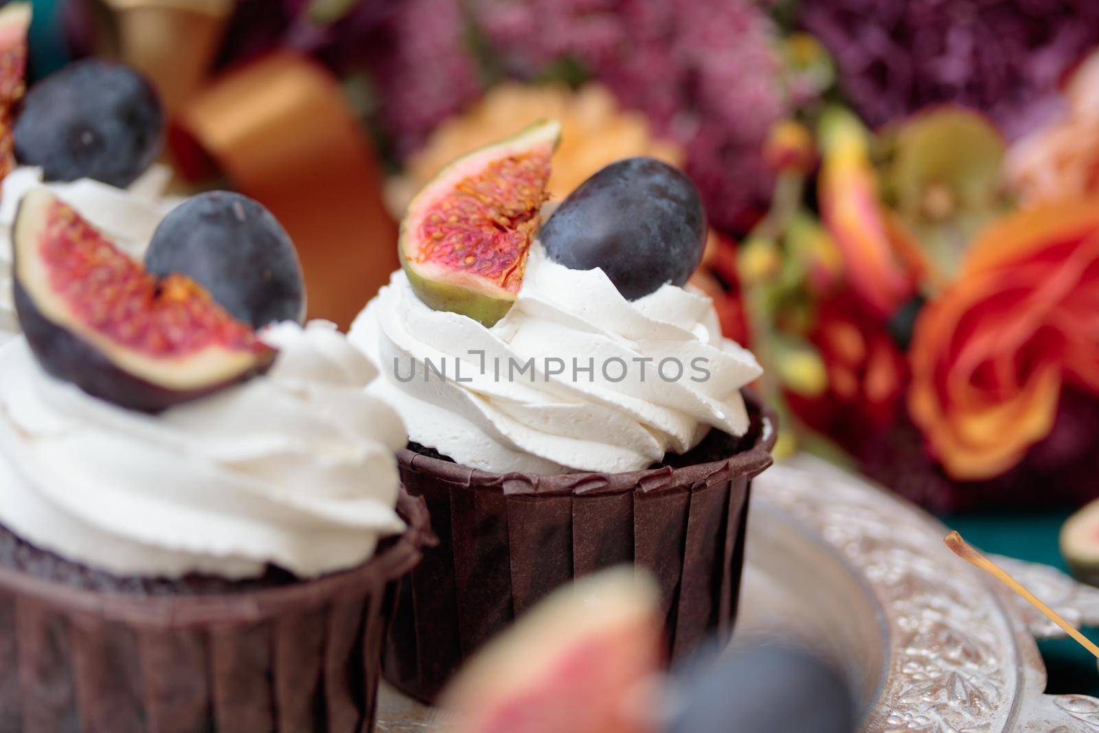 Autumn sweet dessert decorated on a table in the park