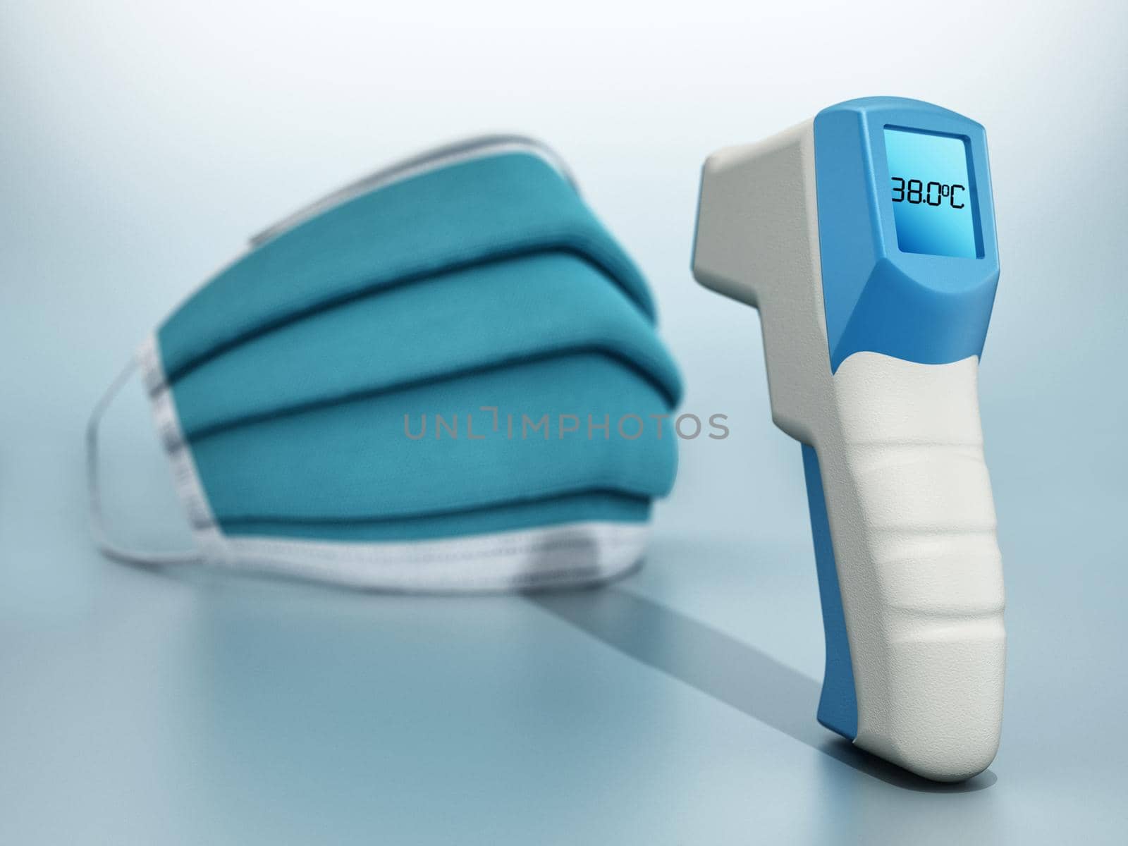 Disposible face mask and digital thermometer. 3D illustration by Simsek