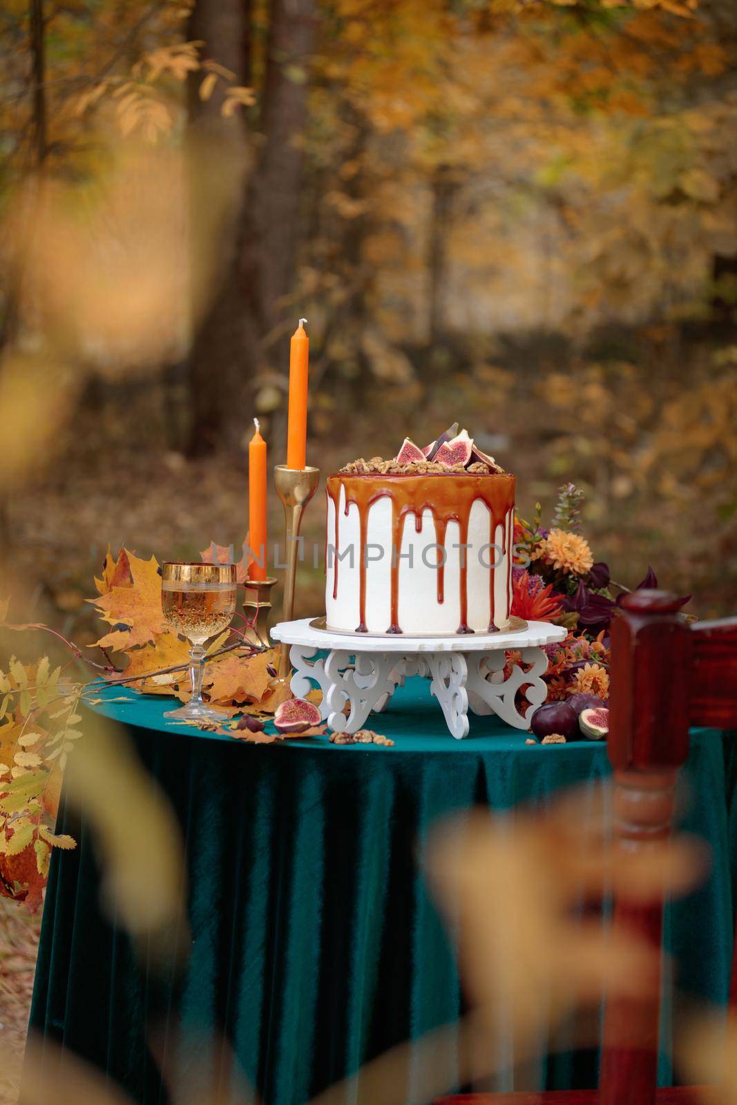 Autumn sweet dessert decorated on a table in the park