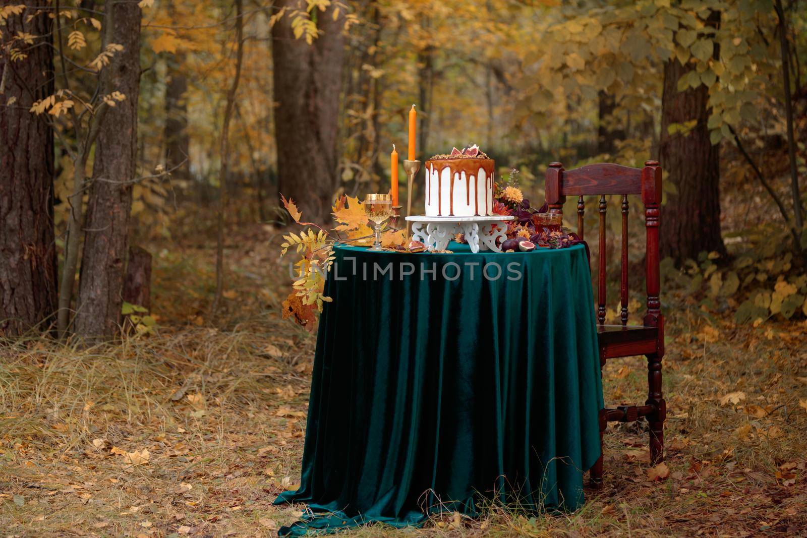 Autumn sweet dessert decorated on a table in the park