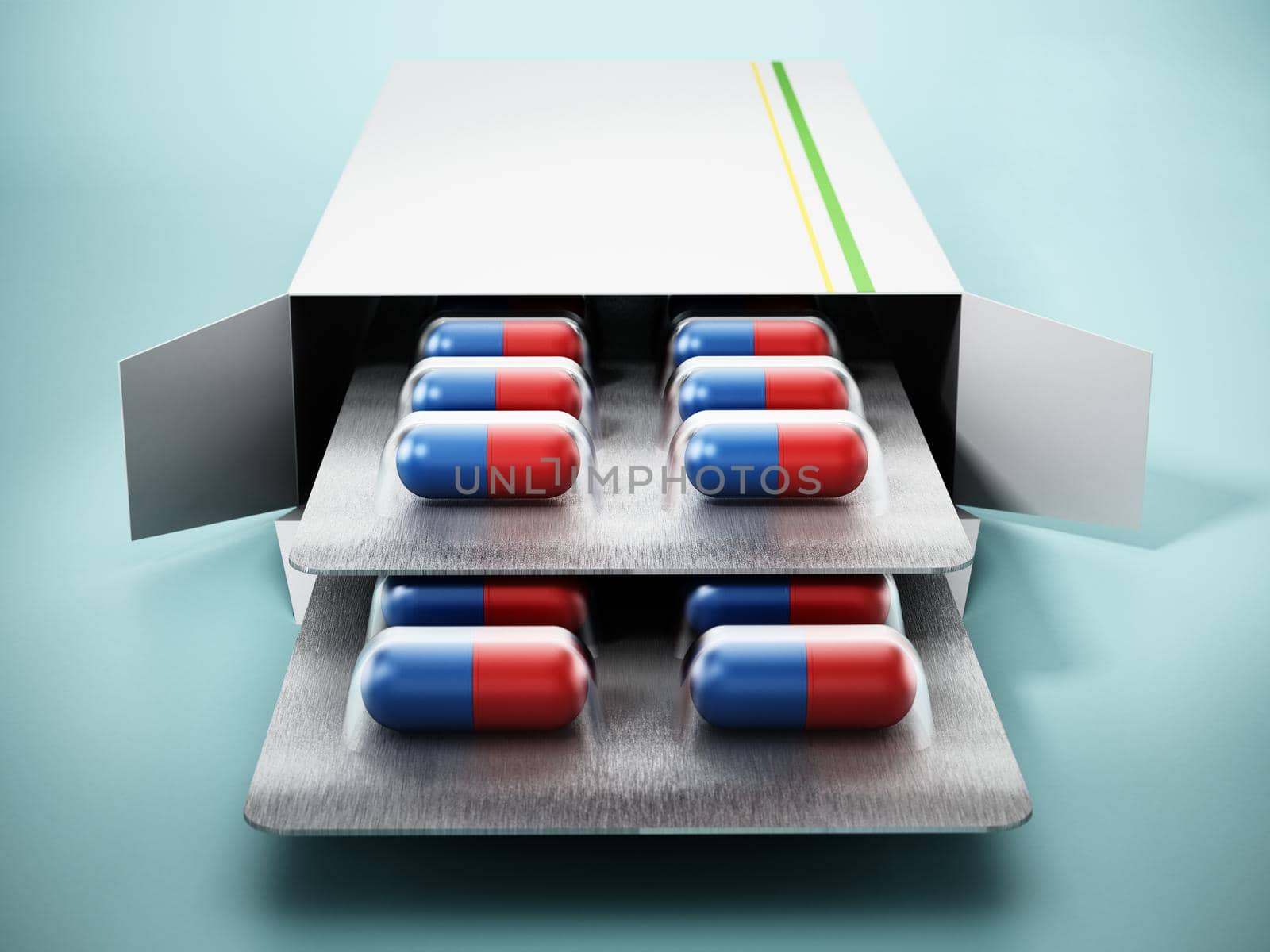 Open pill box with capsules isolated on green background. 3D illustration.