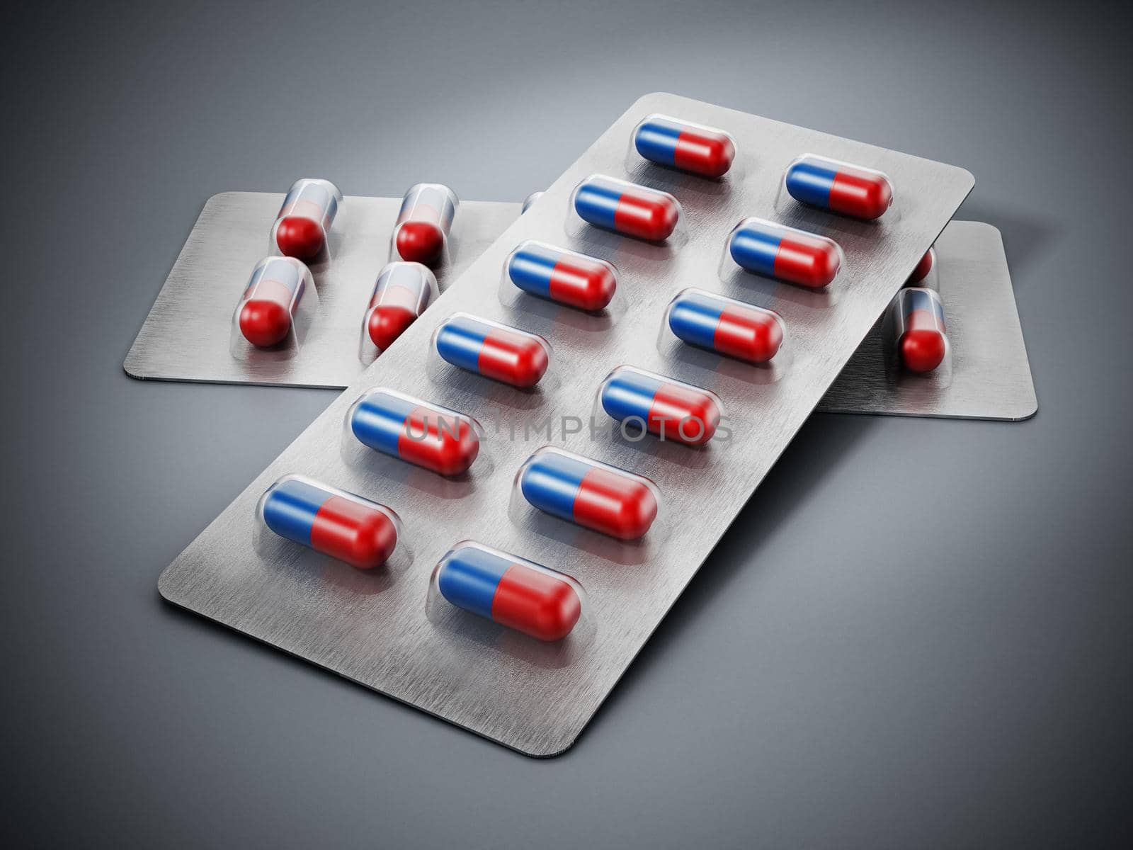 Medicine capsules inside blister packs. 3D illustration by Simsek