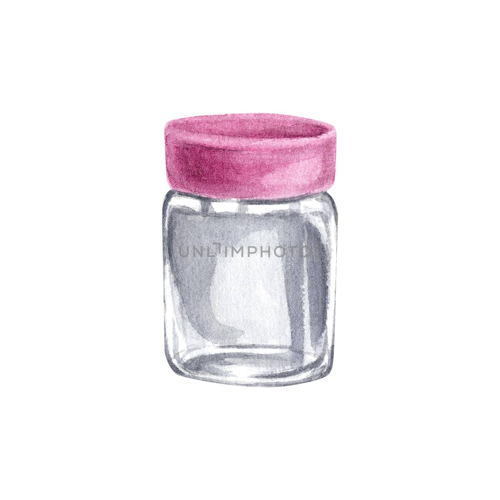 A glass jar with a lid on a white background. Watercolor empty glass jar. Transparent jar for Provencal herbs: basil, cumin, rosemary, marjoram. The illustration is suitable for design. by NastyaChe