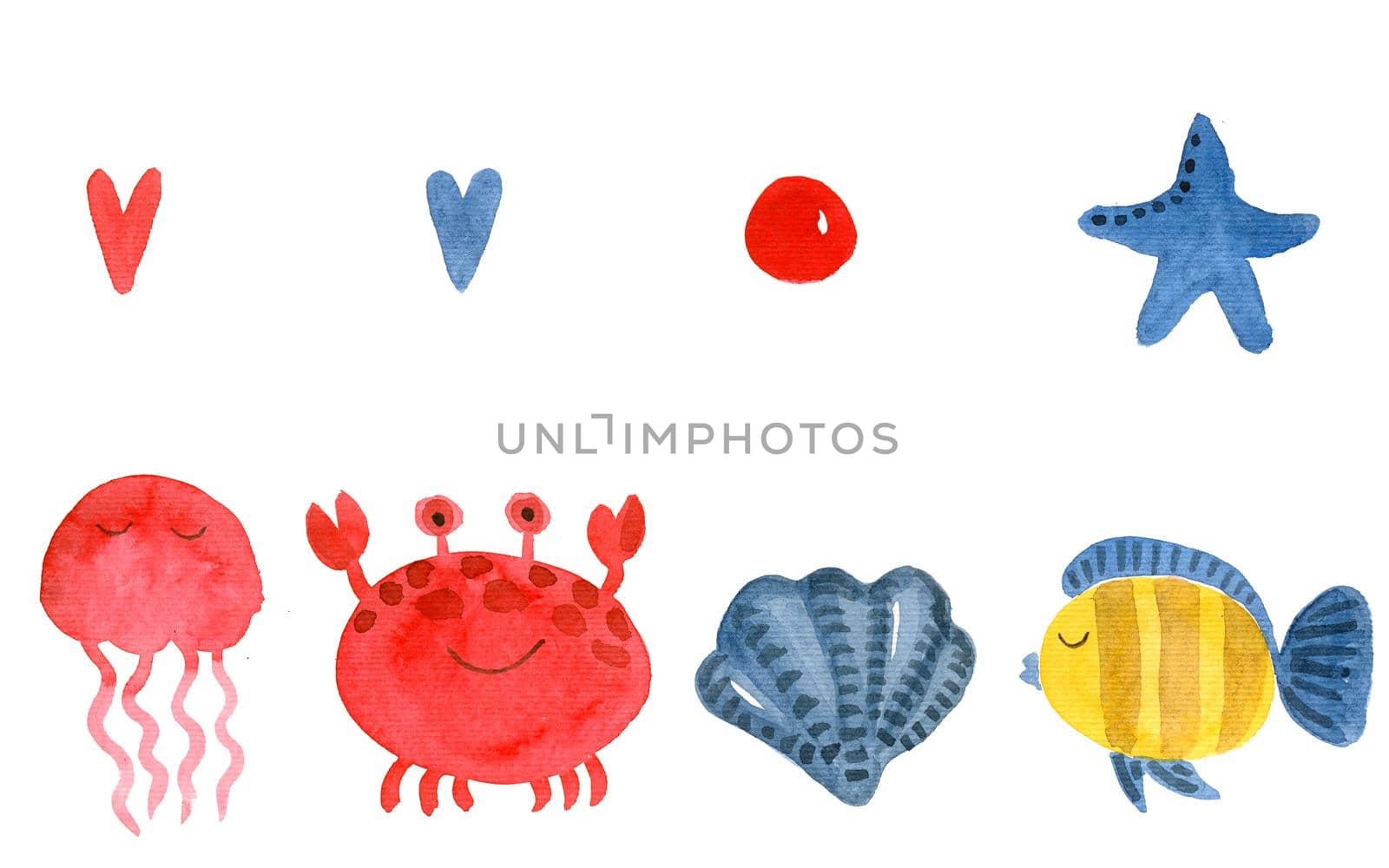 Watercolor set of funny sea animals. Cute jellyfish, crab, shell and fish, as well as decorative elements for decoration.