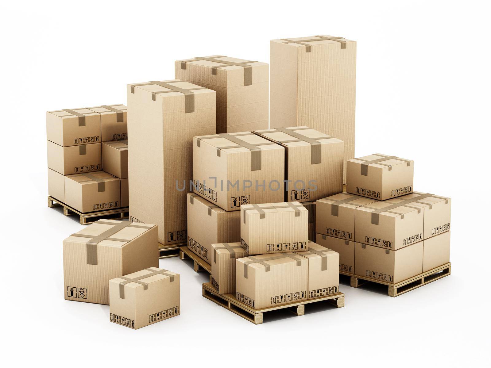 Stack of cardboard boxes isolated on white background. 3D illustration by Simsek