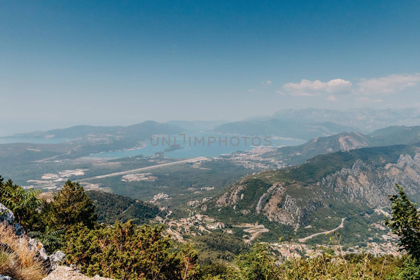 Beautiful nature mountains landscape. Kotor bay, Montenegro. Views of the Boka Bay, with the cities of Kotor and Tivat with the top of the mountain, Montenegro.