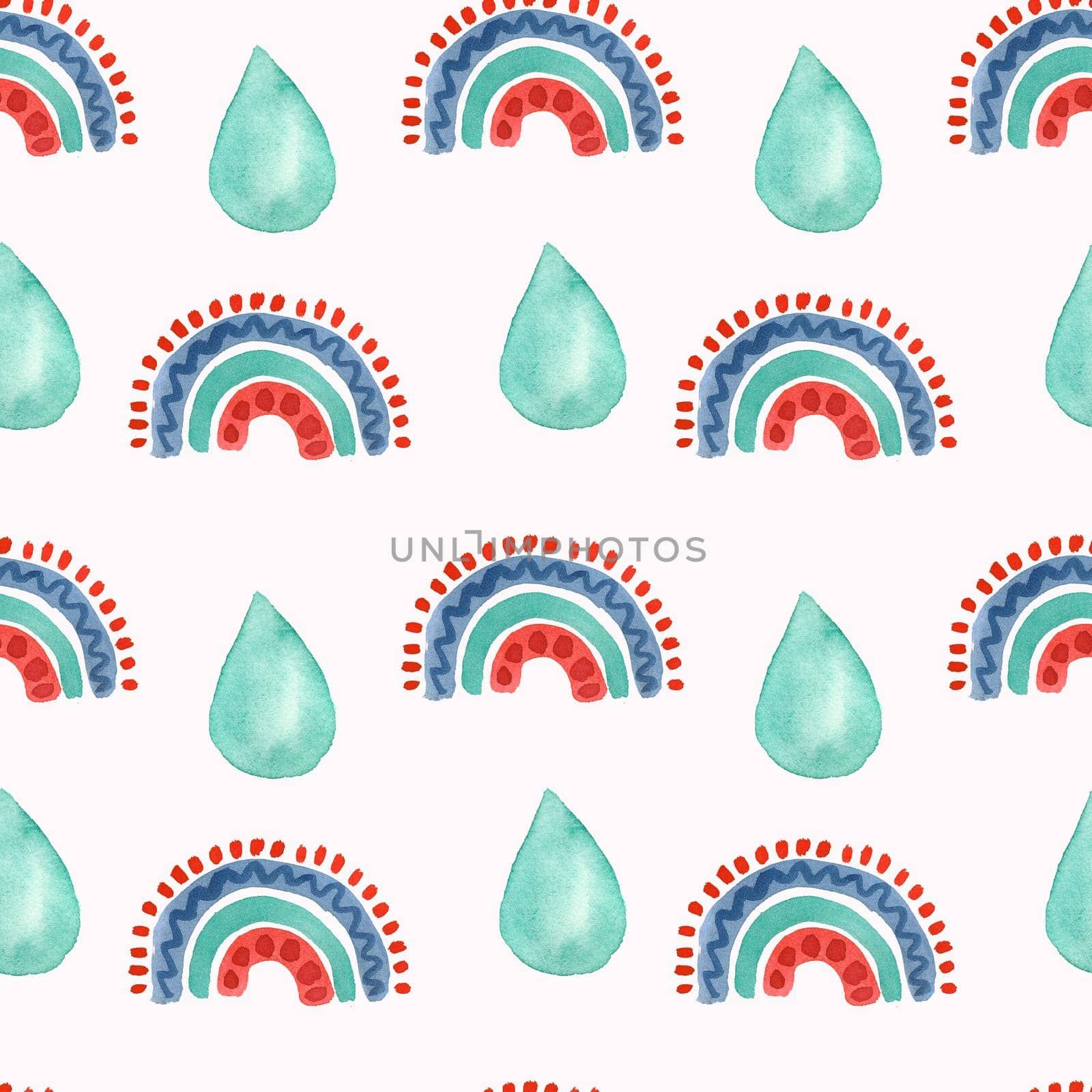 Seamless watercolor pattern of multicolored rainbows and raindrops. For decorating children's works, interior, fabrics, illustrations.