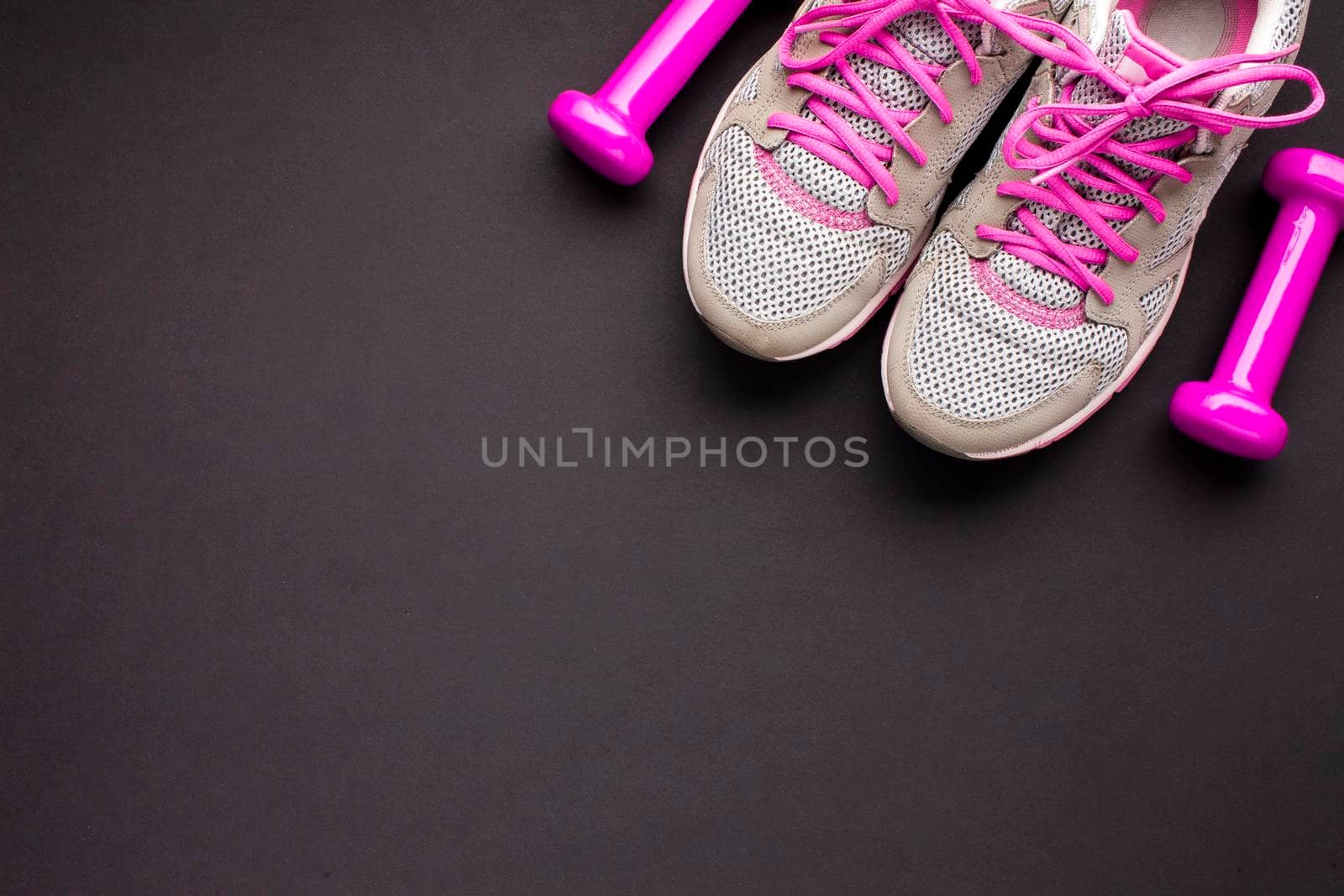 top view arrangement with pink shoes dumbbells by Zahard