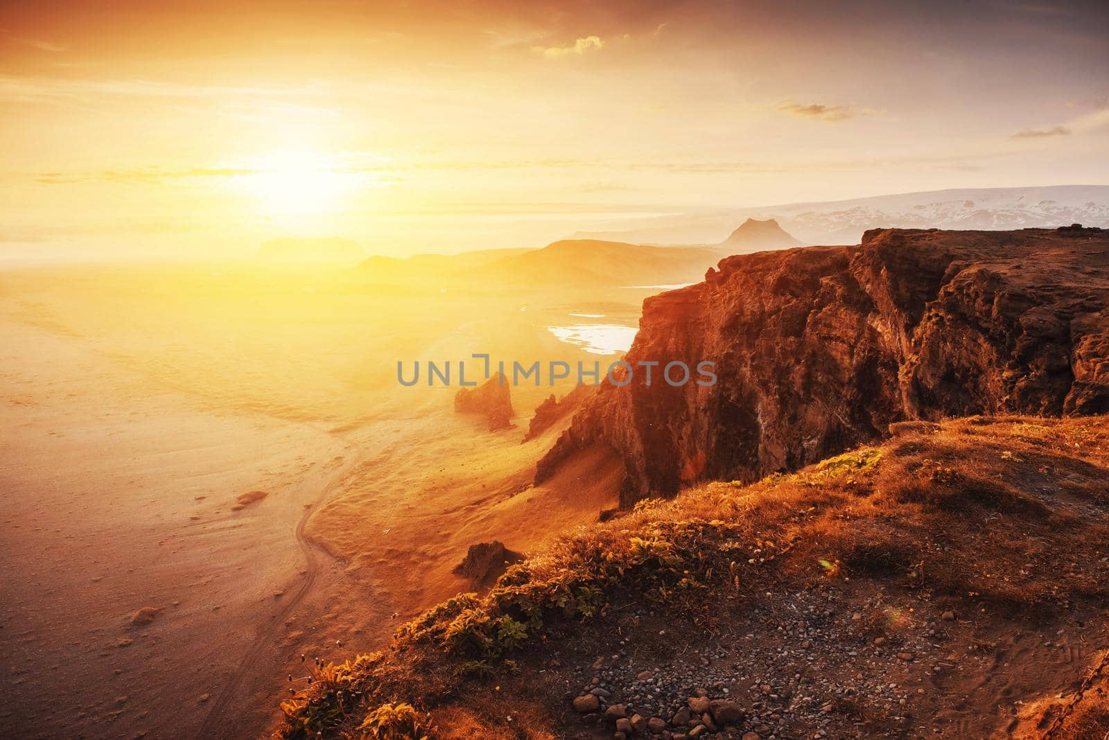 Colorful sunset over the mountains. Fantastic views of the landscape in Iceland.