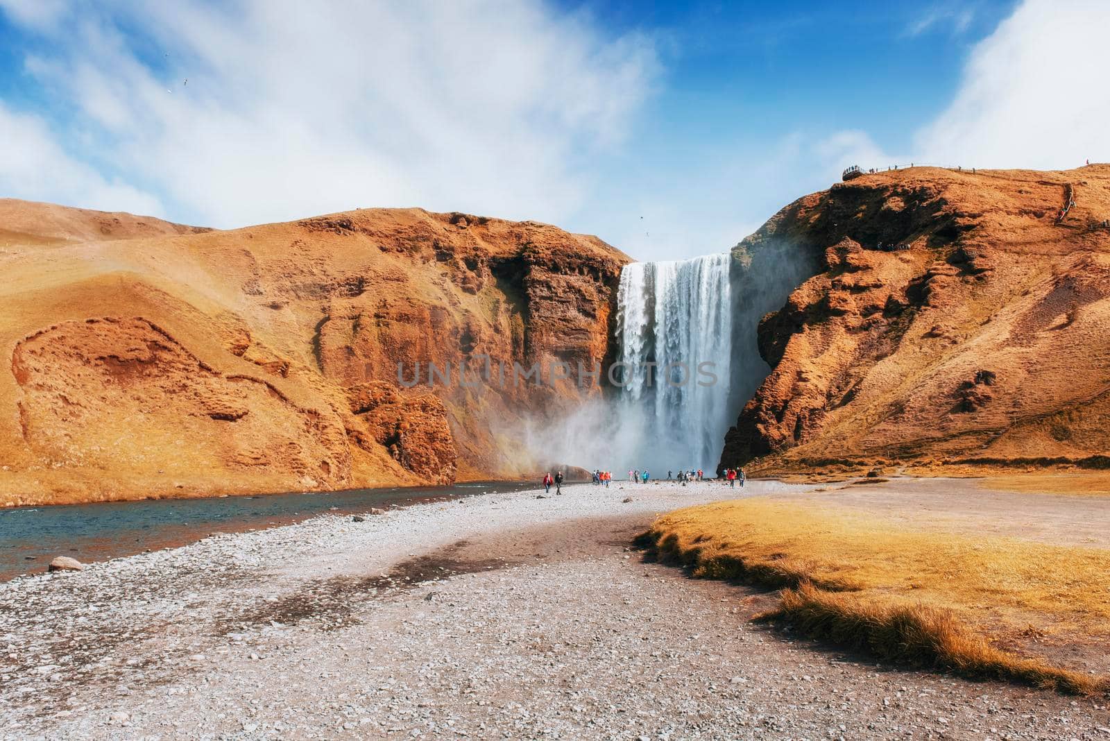 Great waterfall Skogafoss in south of Iceland near the town of Skogar. Beautiful autumn landscape.