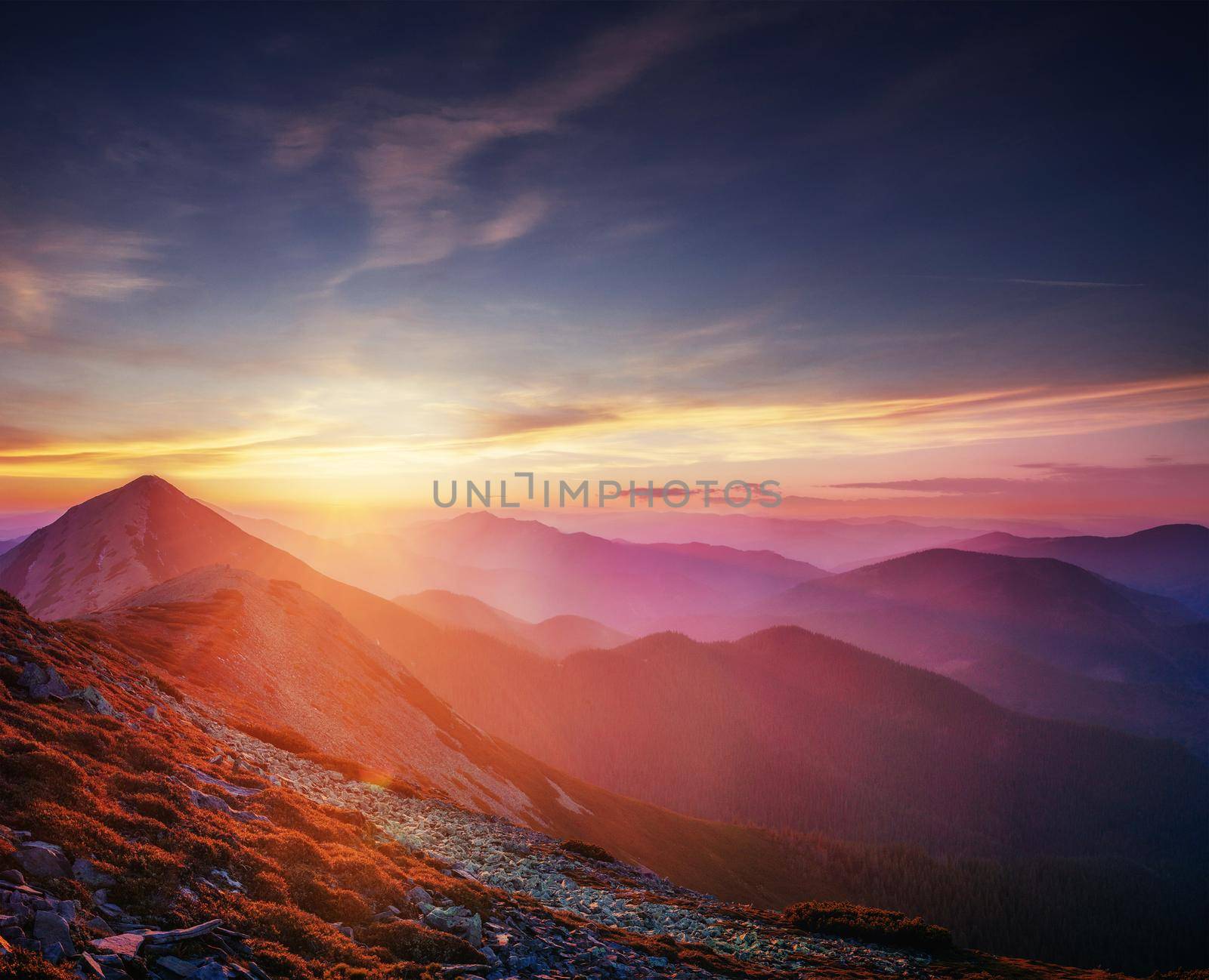 Beautiful sunset in the Carpathian Mountains Ukraine