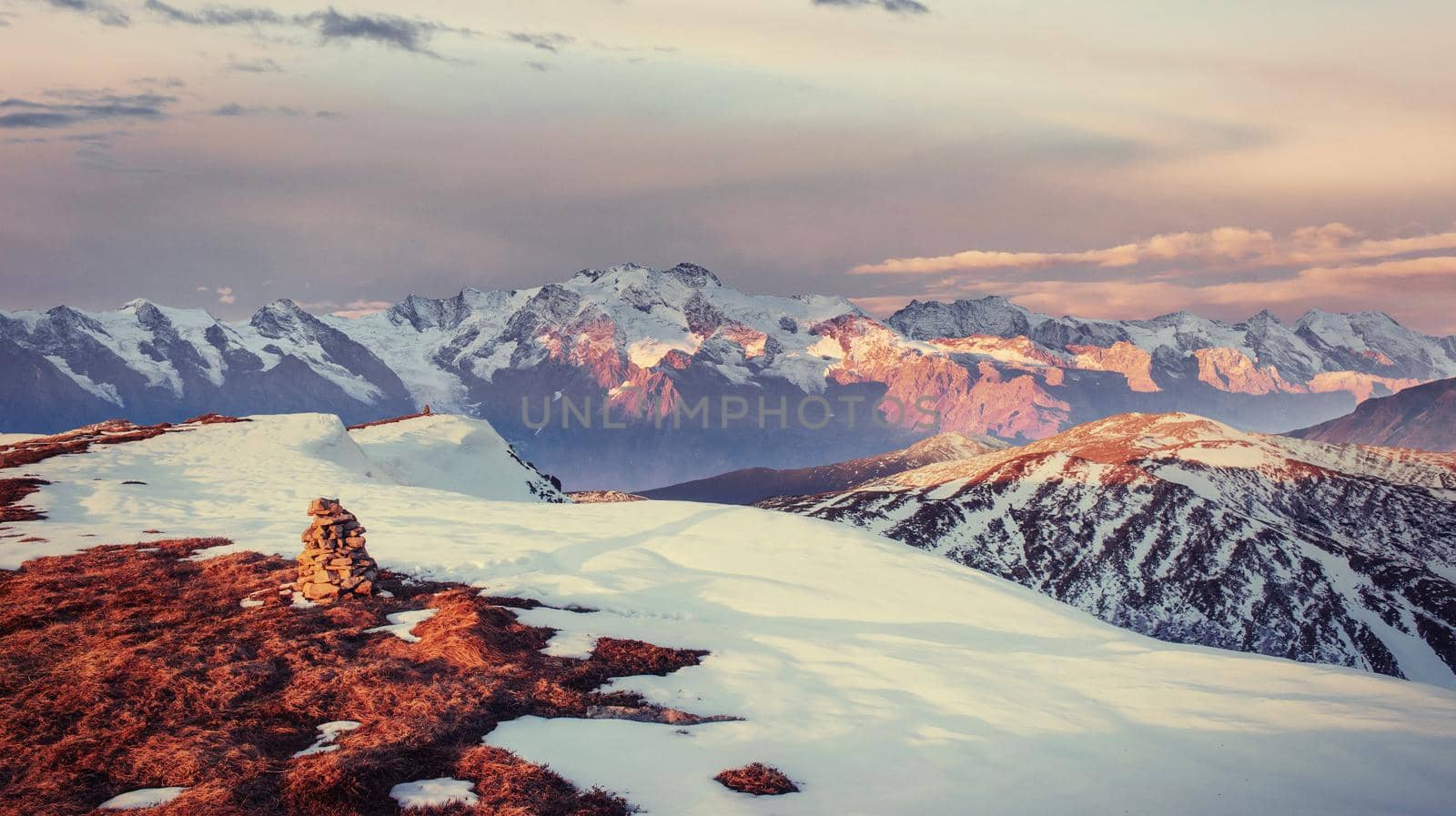magical winter snow covered tree. Sunset in the Carpathians. Ukraine, Europe