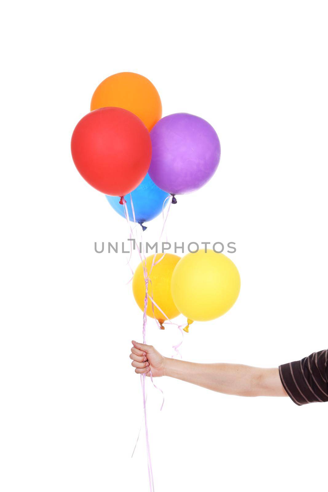hand with colorful balloons isolated on a white background