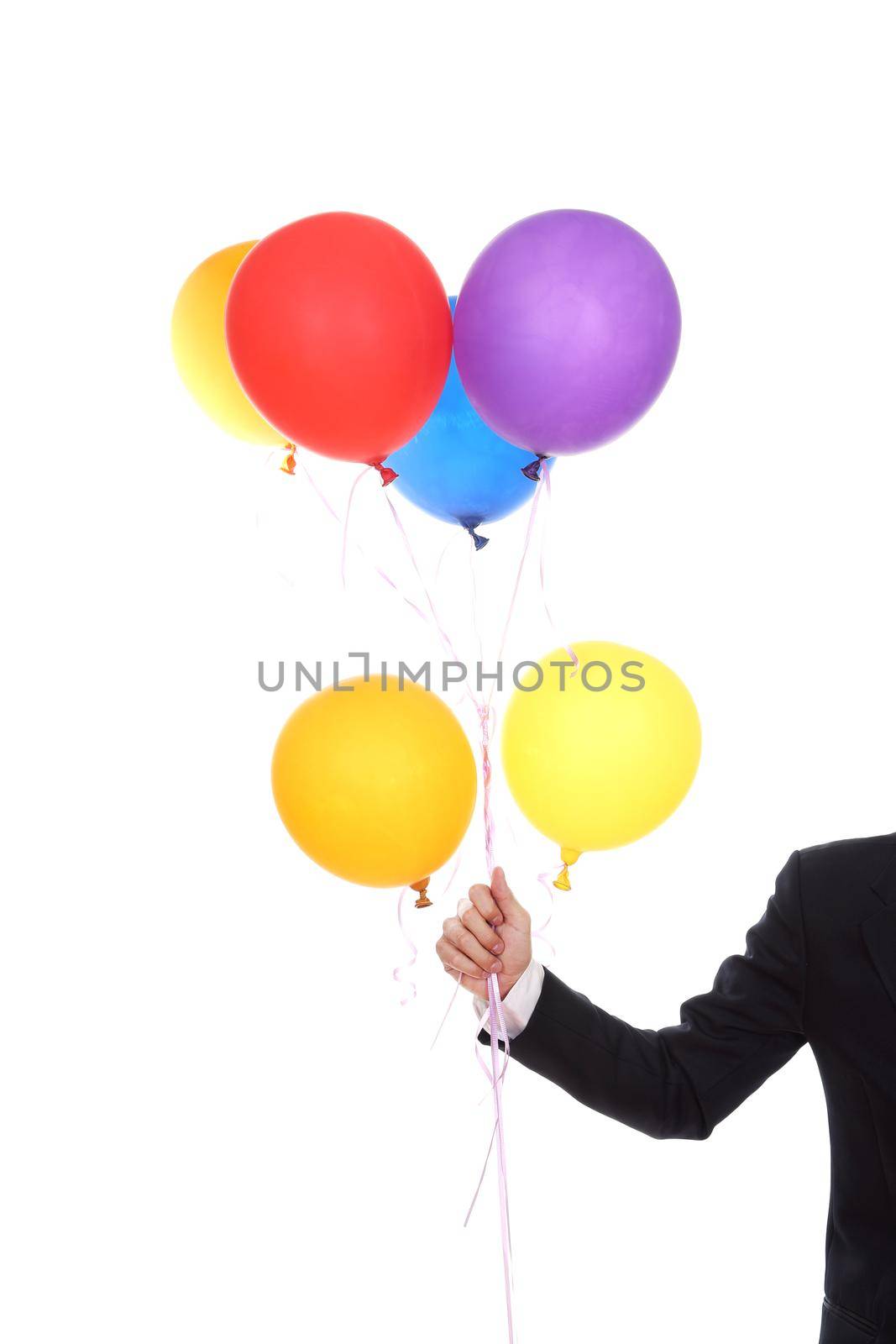business hand with colorful balloons isolated on a white background