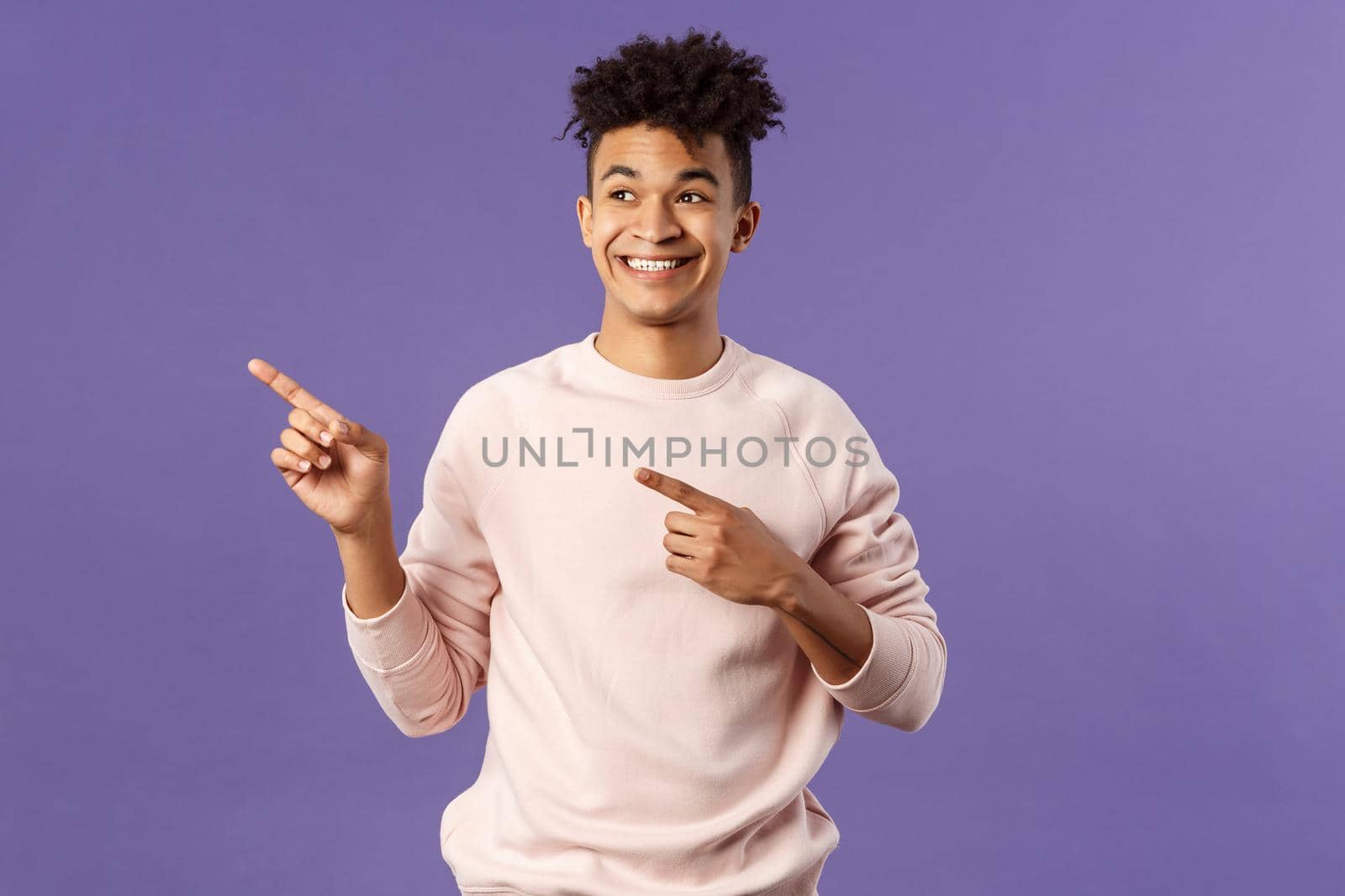 Portrait of enthusiastic, good-looking hispanic man with dreads, looking and pointing upper left corner with satisfied beaming smile, seeing cool thing, made his choice, purple background by Benzoix