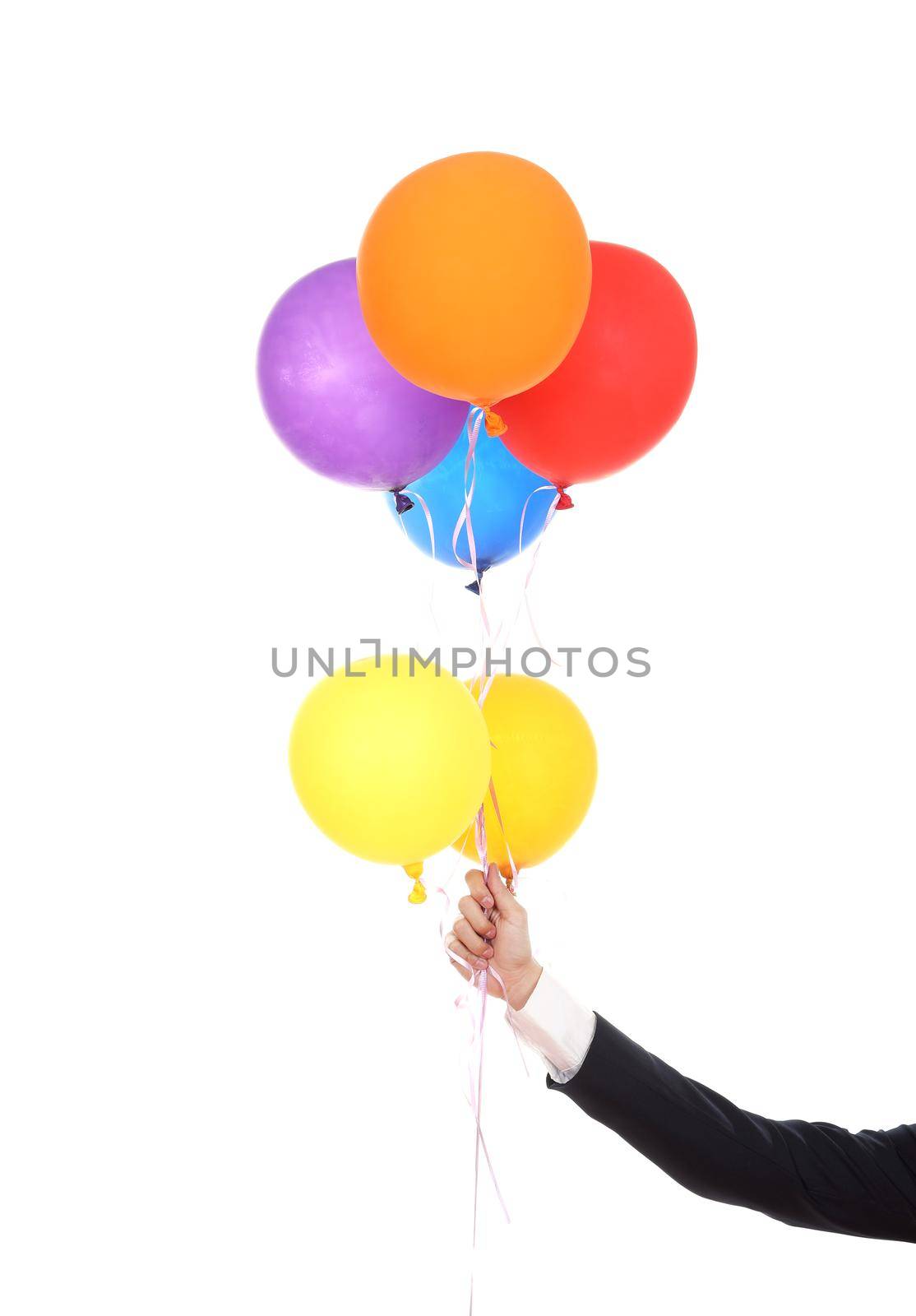 business hand with colorful balloons isolated on a white background