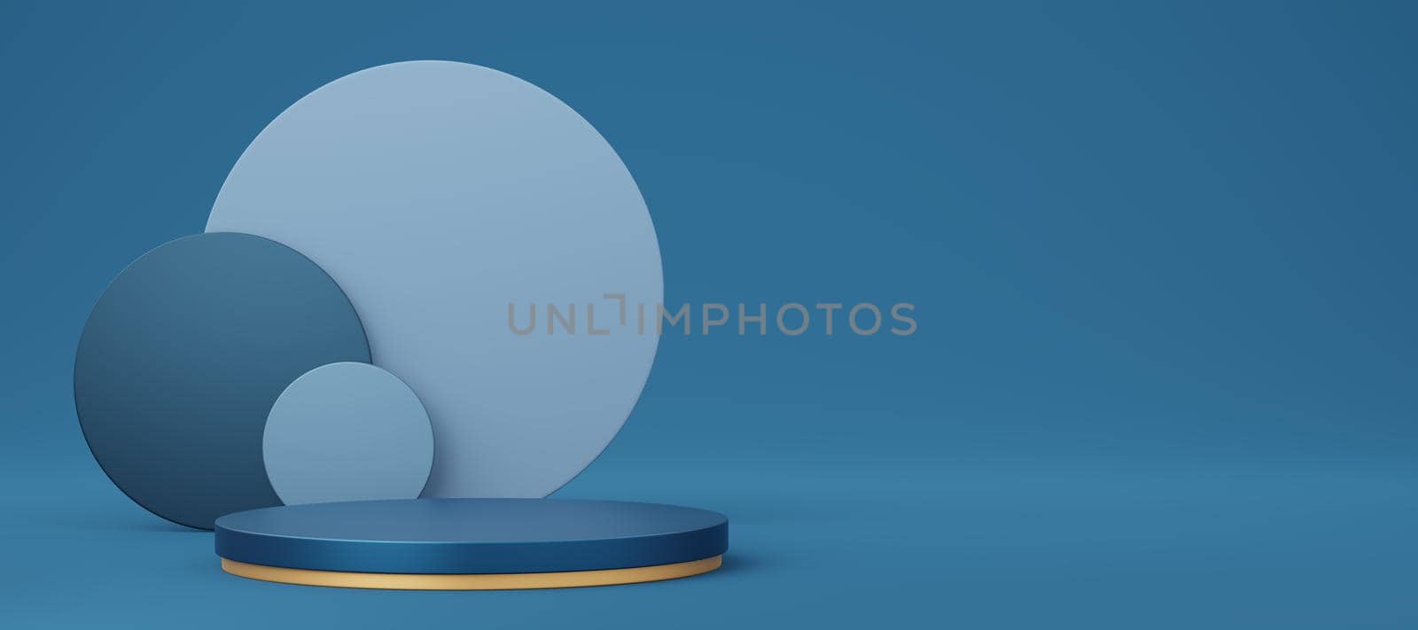 Empty blue cylinder podium with gold border and circle on copy space background. Abstract pastel minimal studio 3d geometric shape. Mockup space for display of product design. 3d rendering. by media-ja