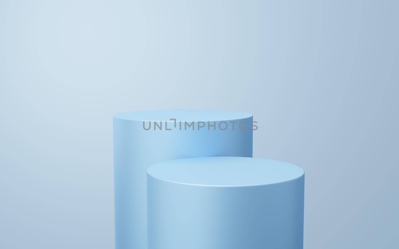 2 Empty blue cylinder podium floating on white copy space background. Abstract minimal studio 3d geometric shape object. Monotone pedestal mockup space for display of product design. 3d rendering.