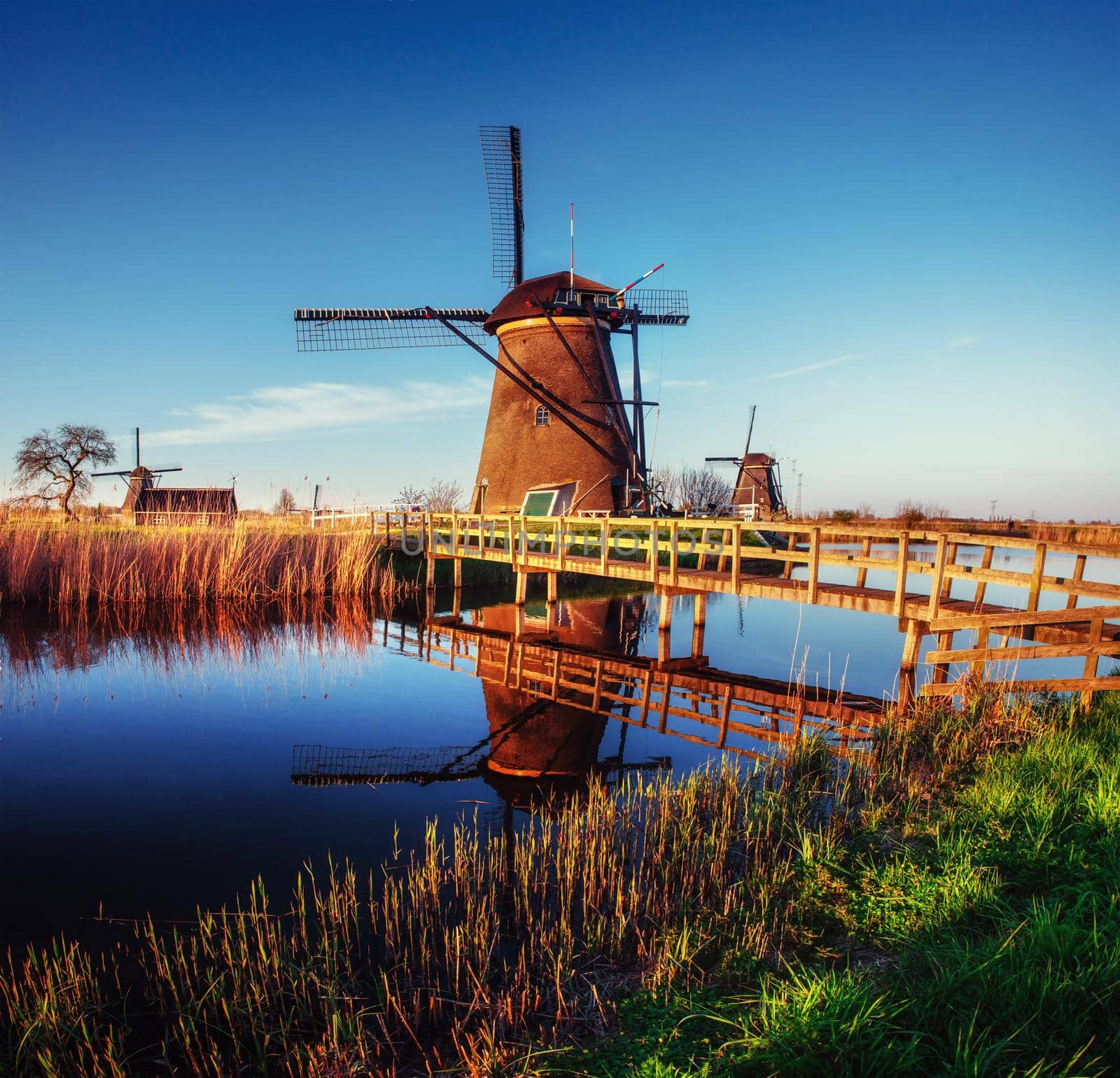 The road leading to the Dutch windmills from the canal in Rotterdam. Holland. Netherlands