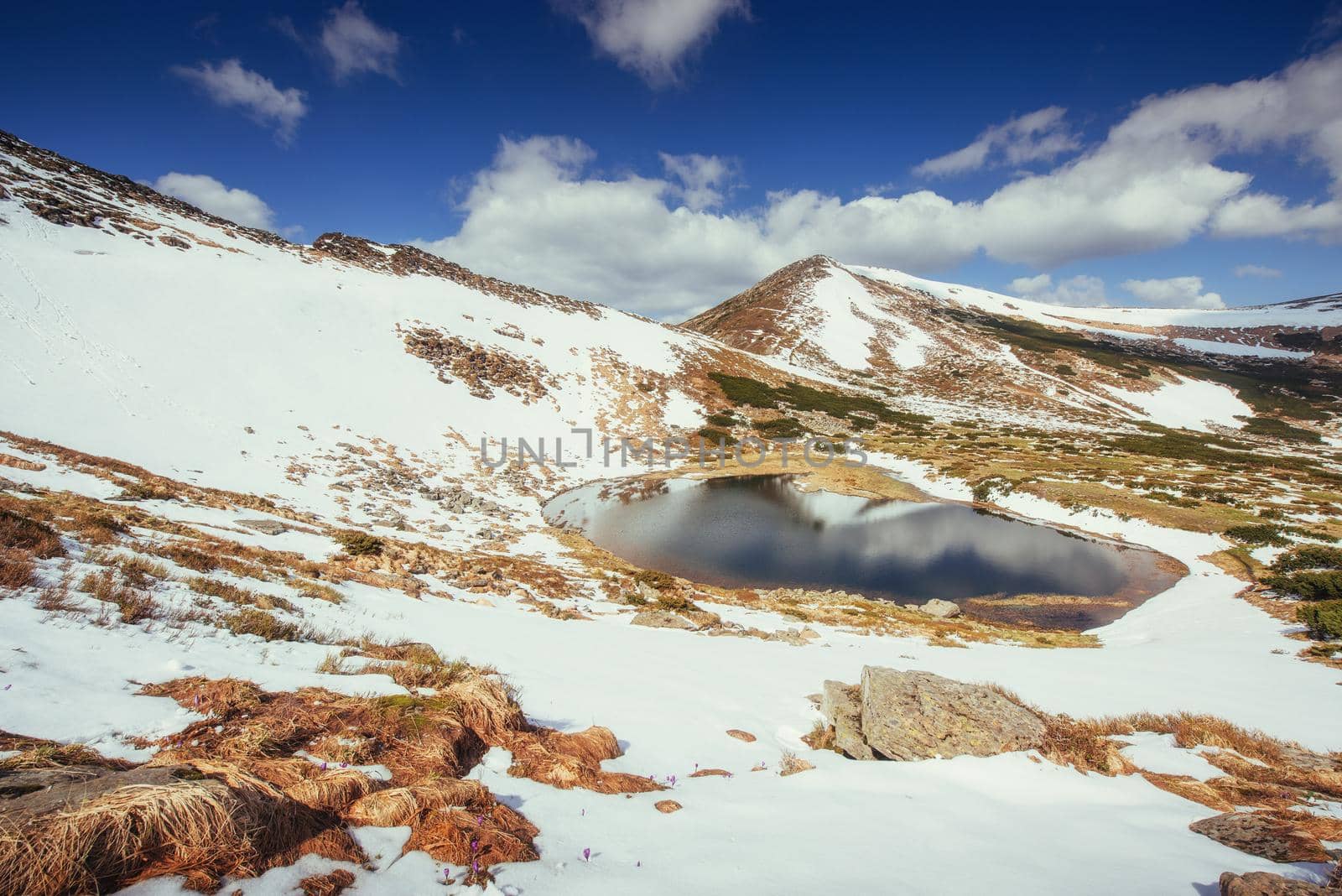 Mountain Lake. Reflection of sky in water. Spring landscape. Carpathians Ukraine Europe