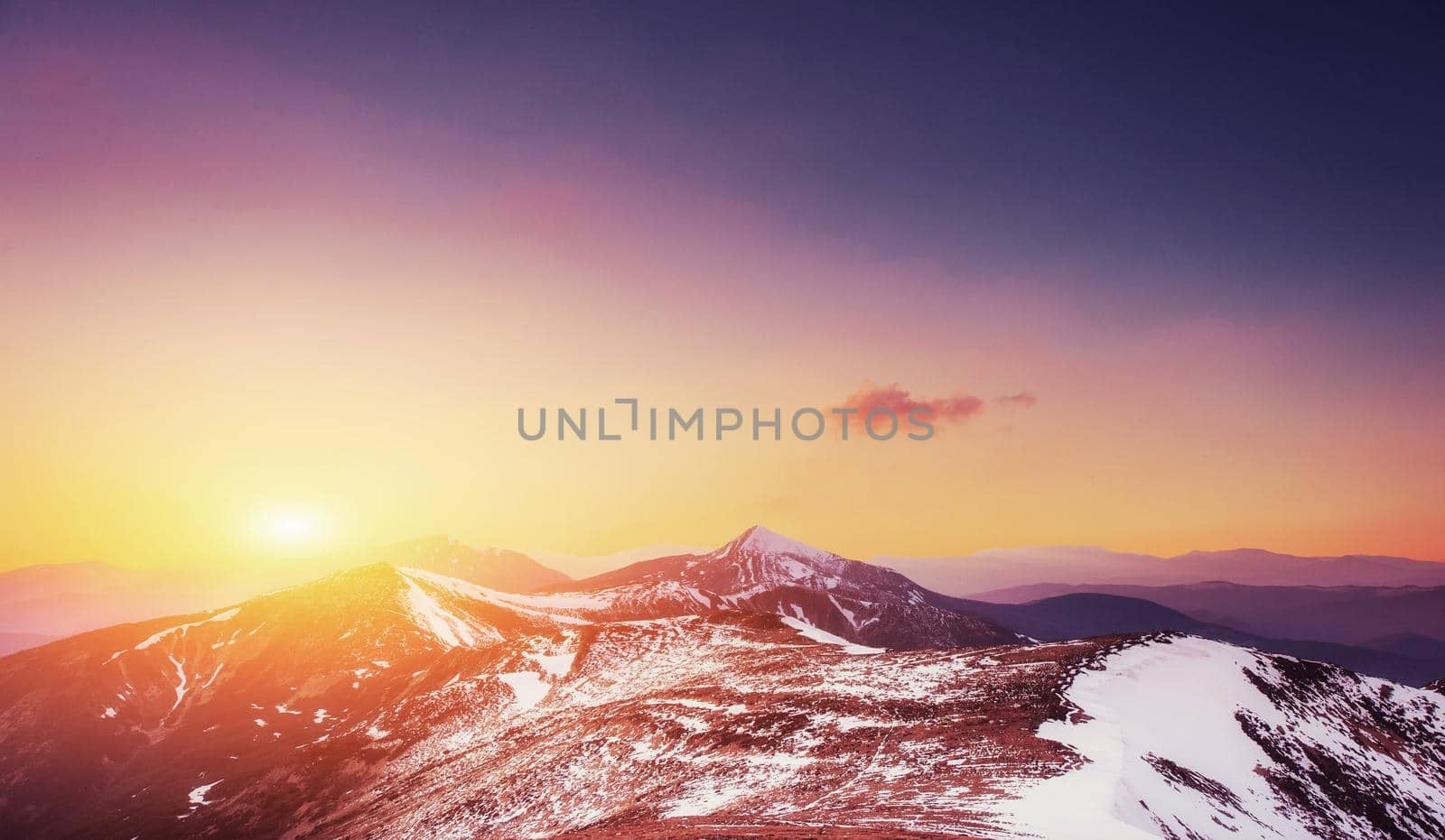 magical winter snow covered tree. Sunset in the Carpathians. Ukraine, Europe