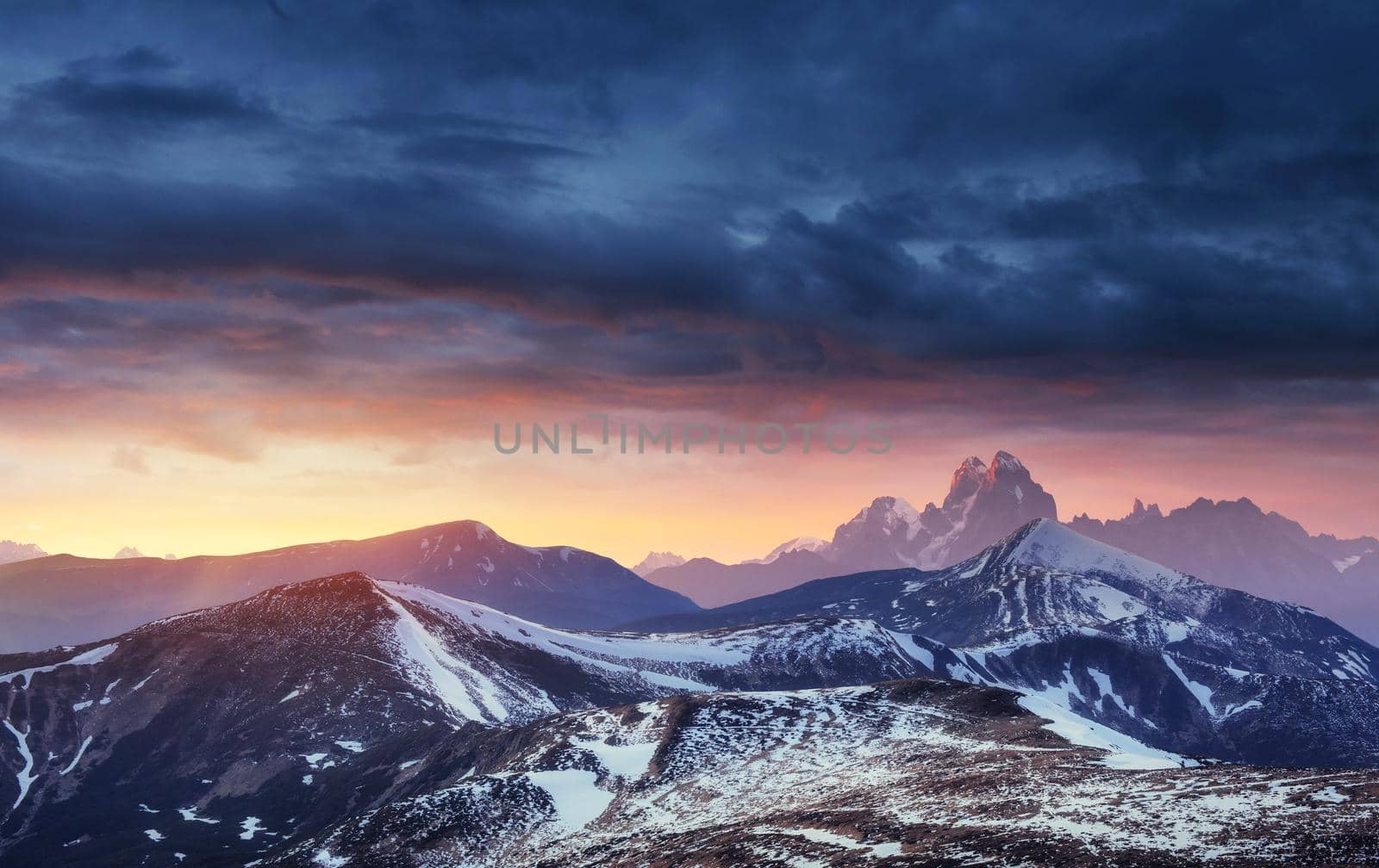 magical winter snow covered tree. Sunset in the Carpathians. Ukraine, Europe
