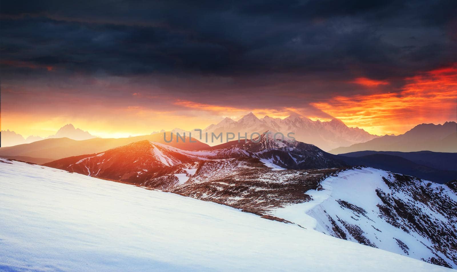 magical winter snow covered tree. Sunset in the Carpathians. Ukraine, Europe