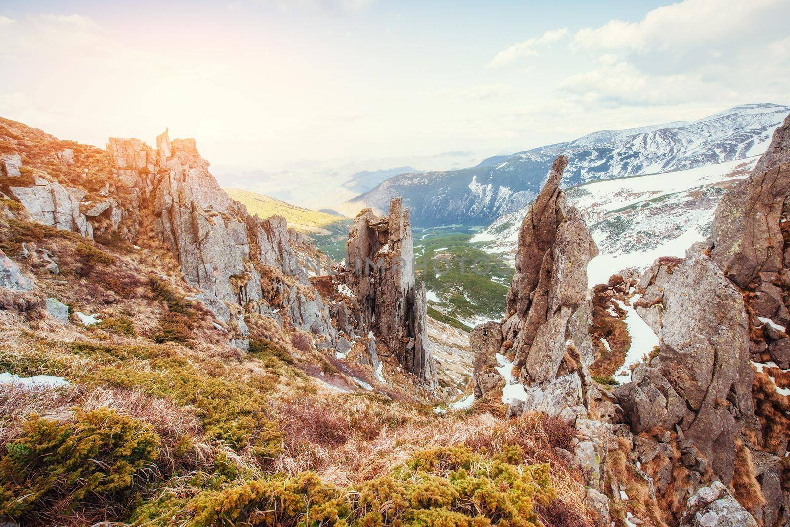 Colorful spring landscape of mountain ranges in the Carpathians national park. Ukraine, Europe.