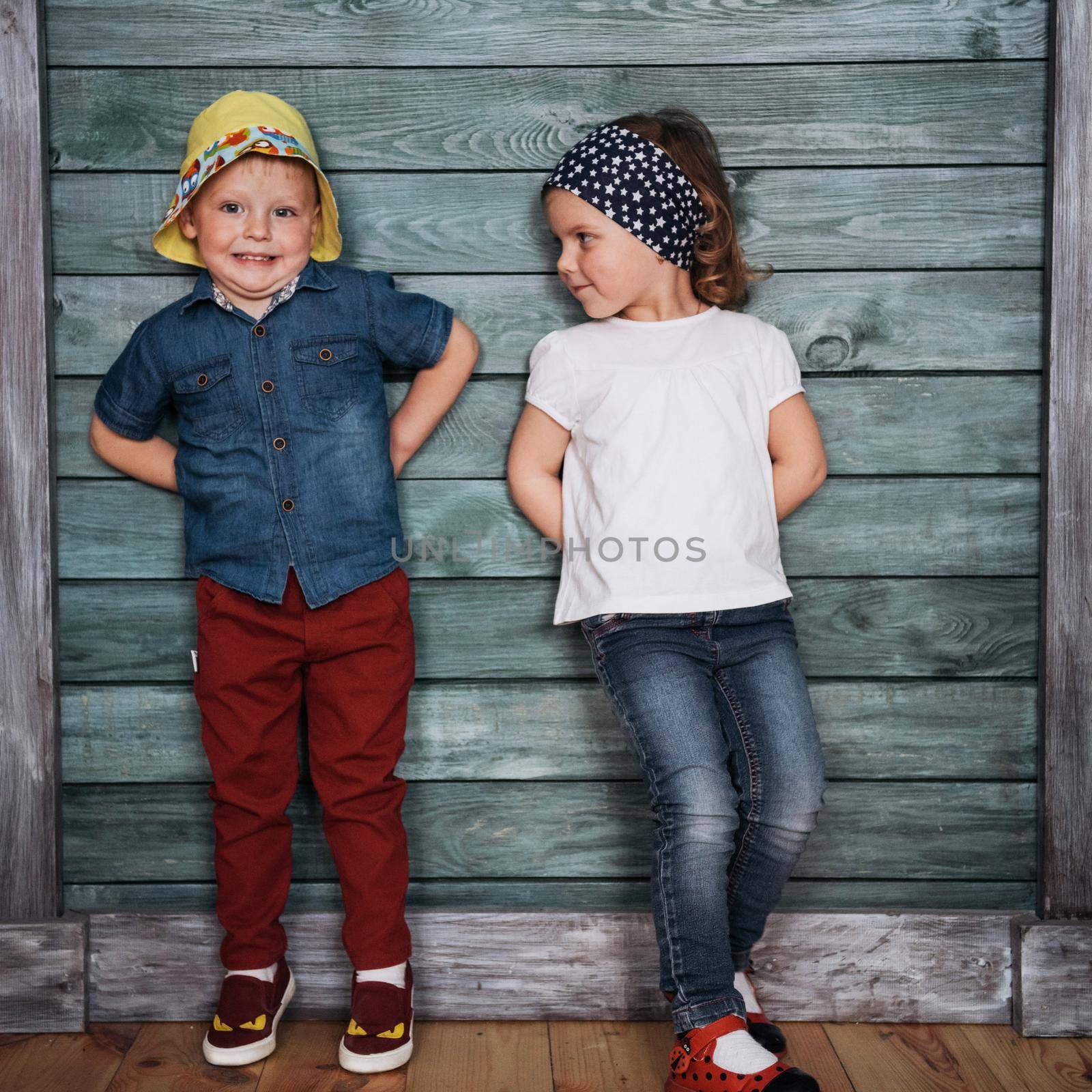 Happy young children siblings. Beautiful exhibition. Ukraine Europe