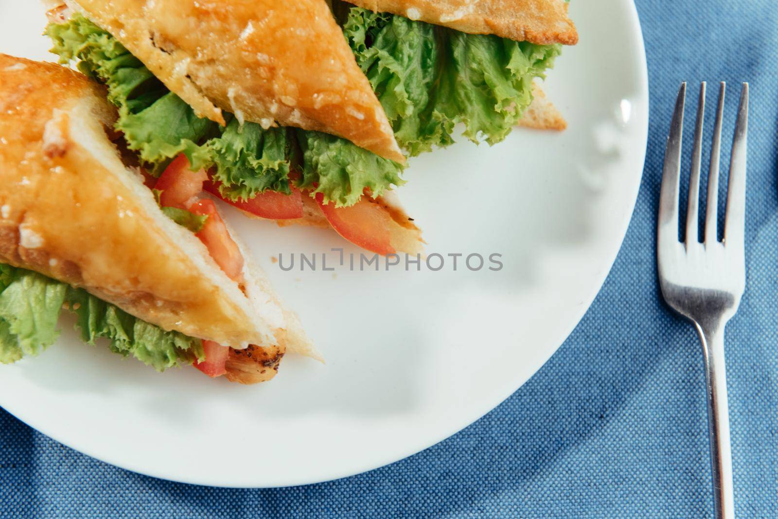 Healthy sandwich cut into pieces to show tasty ingredients salami, tomatoes, lettuce.