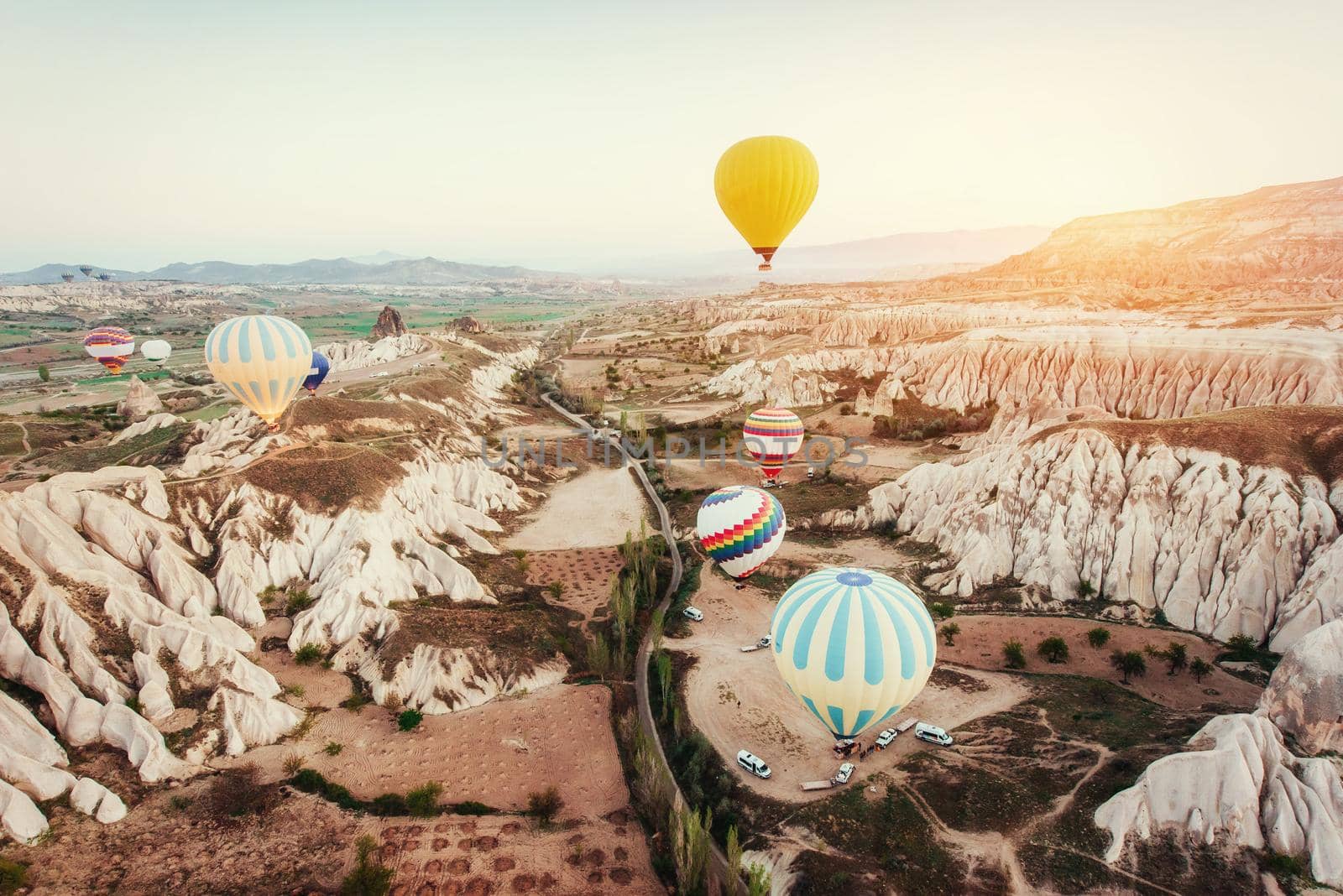 Colorful hot air balloons flying over Red valley at Cappadocia, Anatolia, Turkey. Volcanic mountains in Goreme national park.