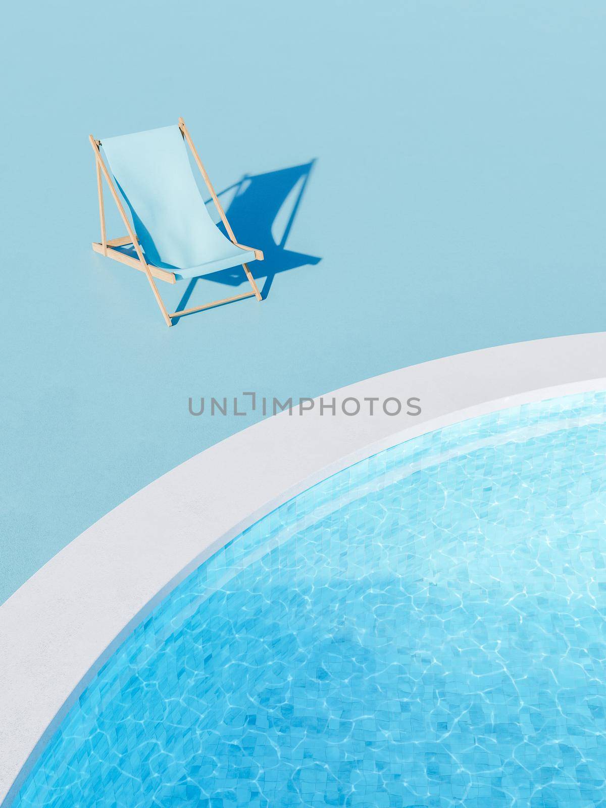 3D rendering of blue lounger placed near outdoor swimming pool with transparent rippling water on sunny day in summer