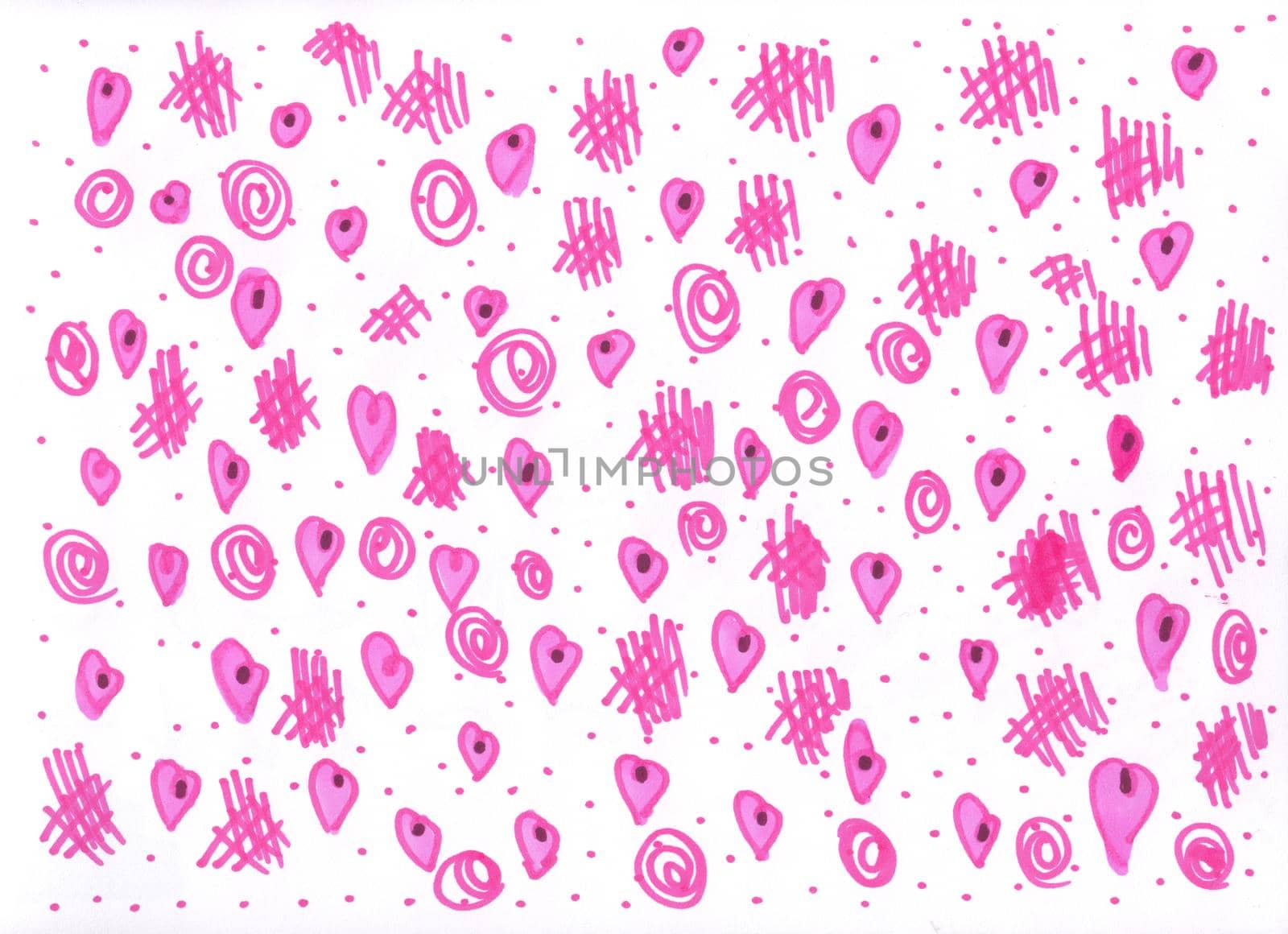 Cute doodle style hearts pattern. Valentine's Day handwritten background. Marker drawn different heart shapes and silhouettes. Hand drawn ornament.