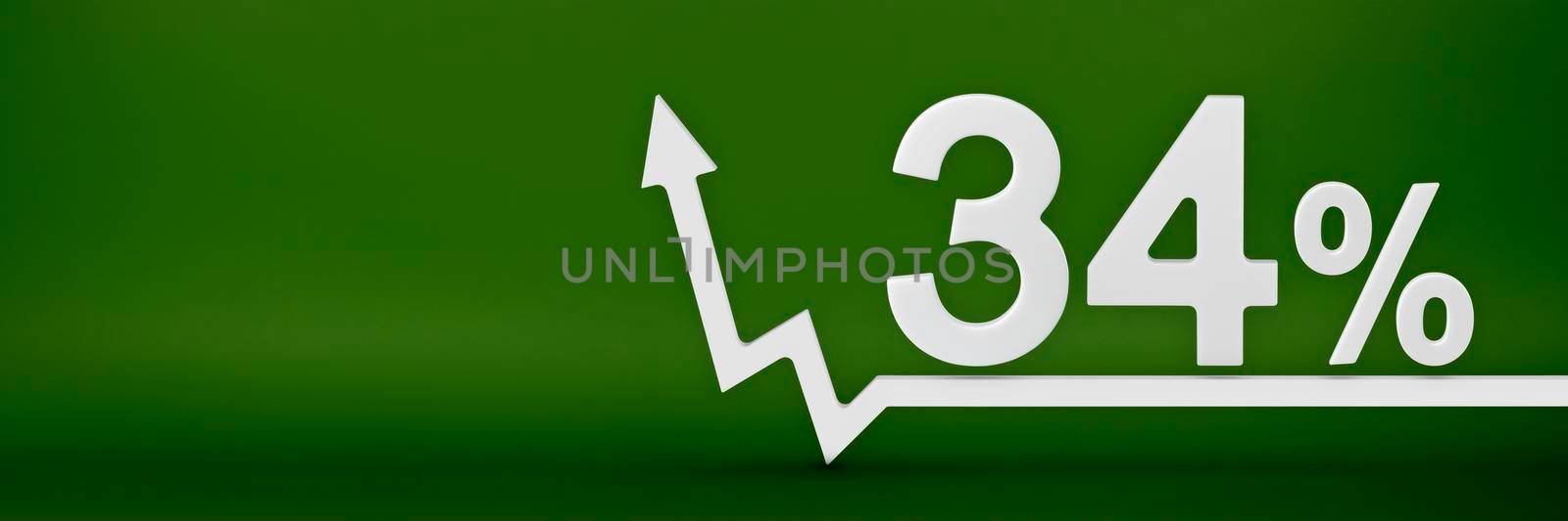 34 percent. The arrow on the graph points up. Rising prices, inflation, increase in income, increase in interest rates, taxes. 3d banner, thirty four percent sign discount on a green background. by SERSOL