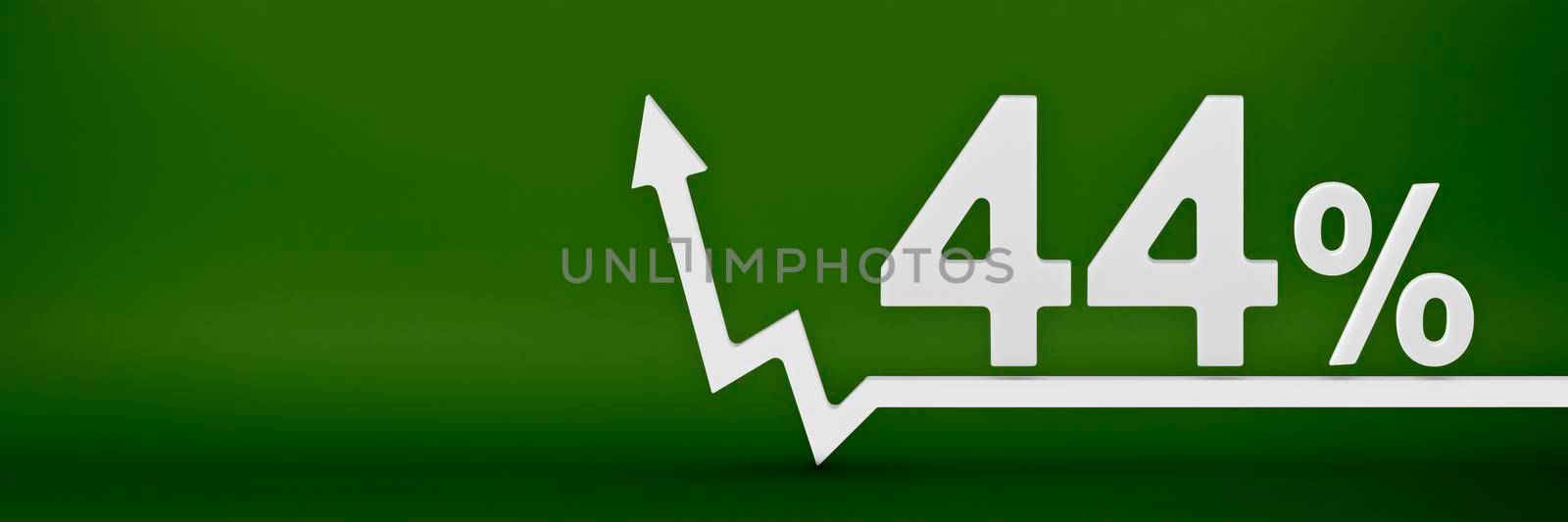 44 percent. The arrow on the graph points up. Rising prices, inflation, increase in income, increase in interest rates, taxes. 3d banner, forty four percent sign discount on a green background. by SERSOL