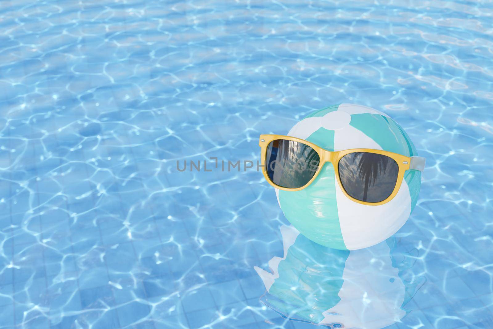 3D rendering of trendy yellow sunglasses on striped inflatable beach ball floating in rippling water of outdoor swimming pool on summer day