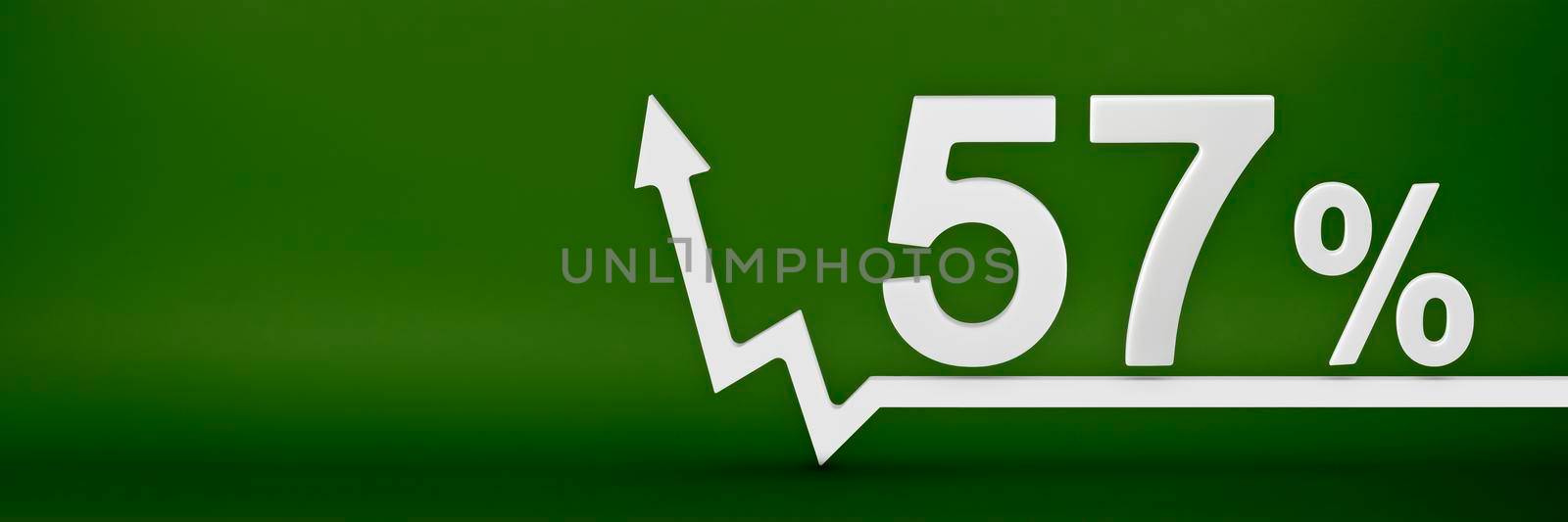 57 percent. The arrow on the graph points up. Rising prices, inflation, increase in income, increase in interest rates, taxes. 3d banner, fifty seven percent sign discount on a green background